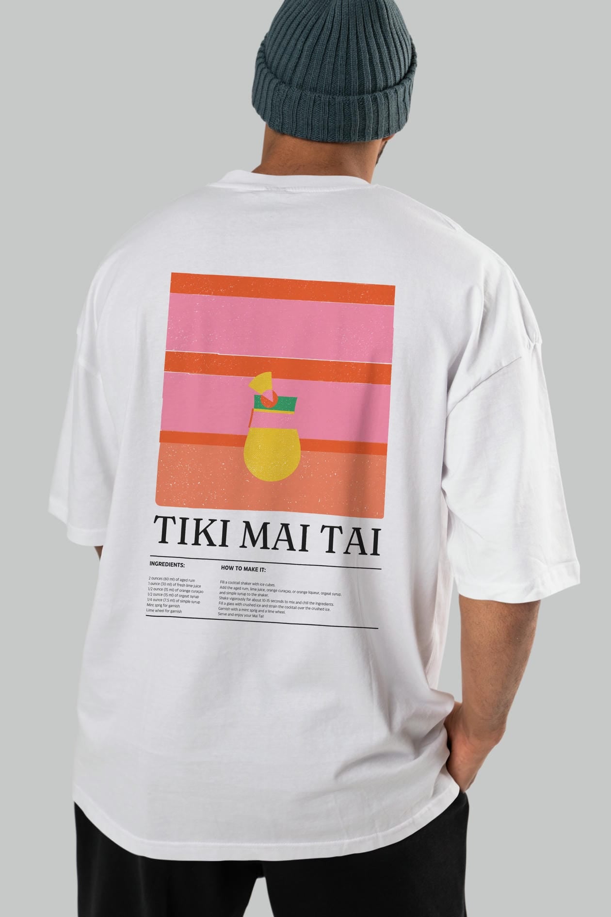 Tiki Mai Tai Kokteyl Serisi Arka Baskılı Oversize t-shirt Erkek Kadın %100 Pamuk Bisiklet Yaka tişort