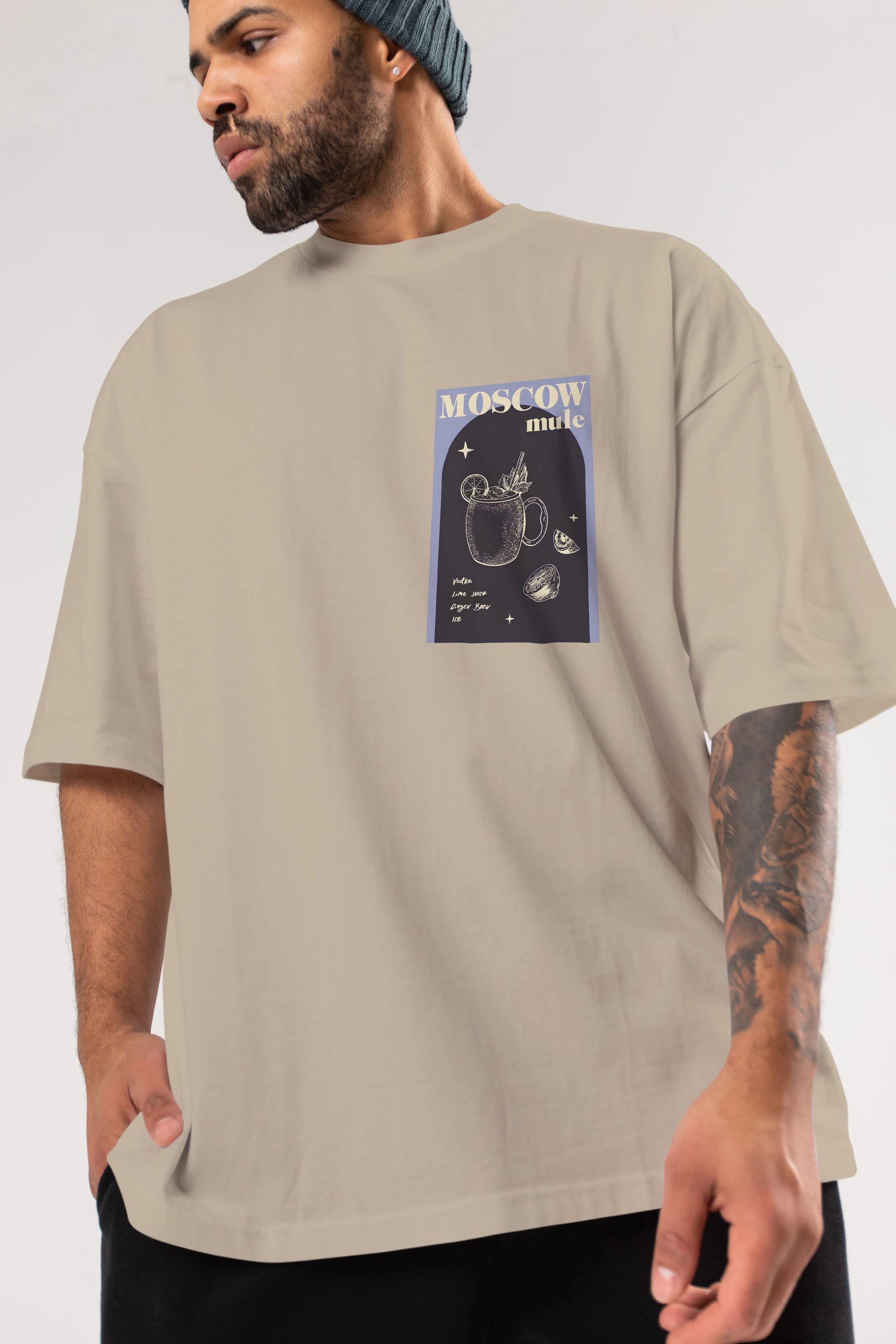 Moscow Mule Ön Sol Baskılı Oversize t-shirt Erkek Kadın Unisex %100 Pamuk Bisiklet Yaka tişort