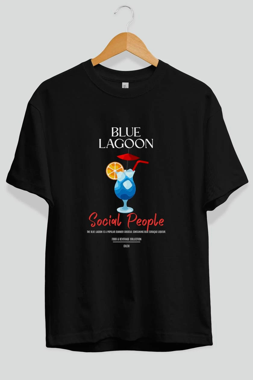 Blue Lagoon Kokteyl Serisi ön Baskılı Oversize t-shirt Erkek Kadın %100 Pamuk Bisiklet Yaka tişort