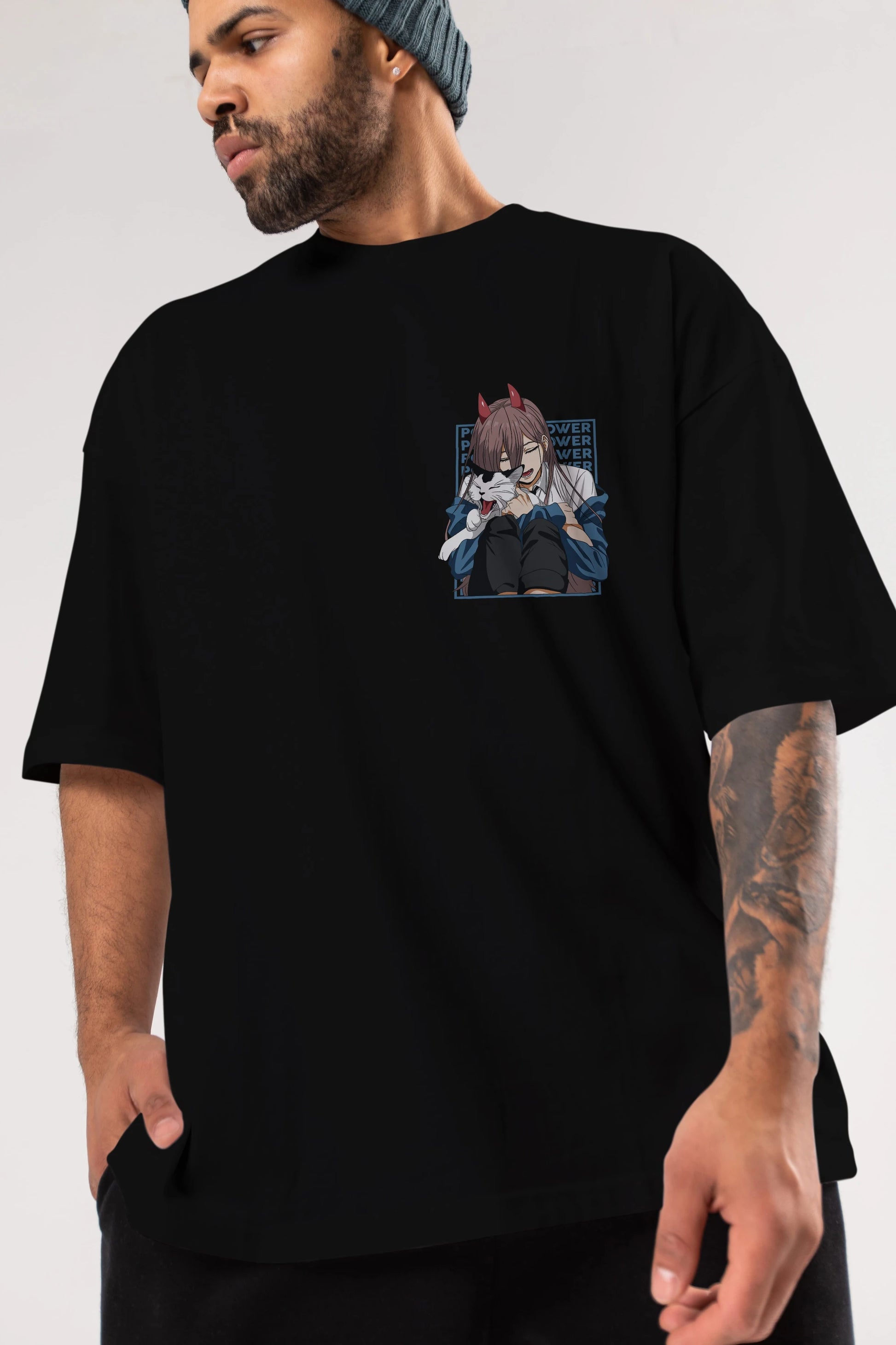 POWER CHAINSAWMAN Ön Sol Baskılı Oversize t-shirt Erkek Kadın Unisex %100 Pamuk Bisiklet Yaka tişort