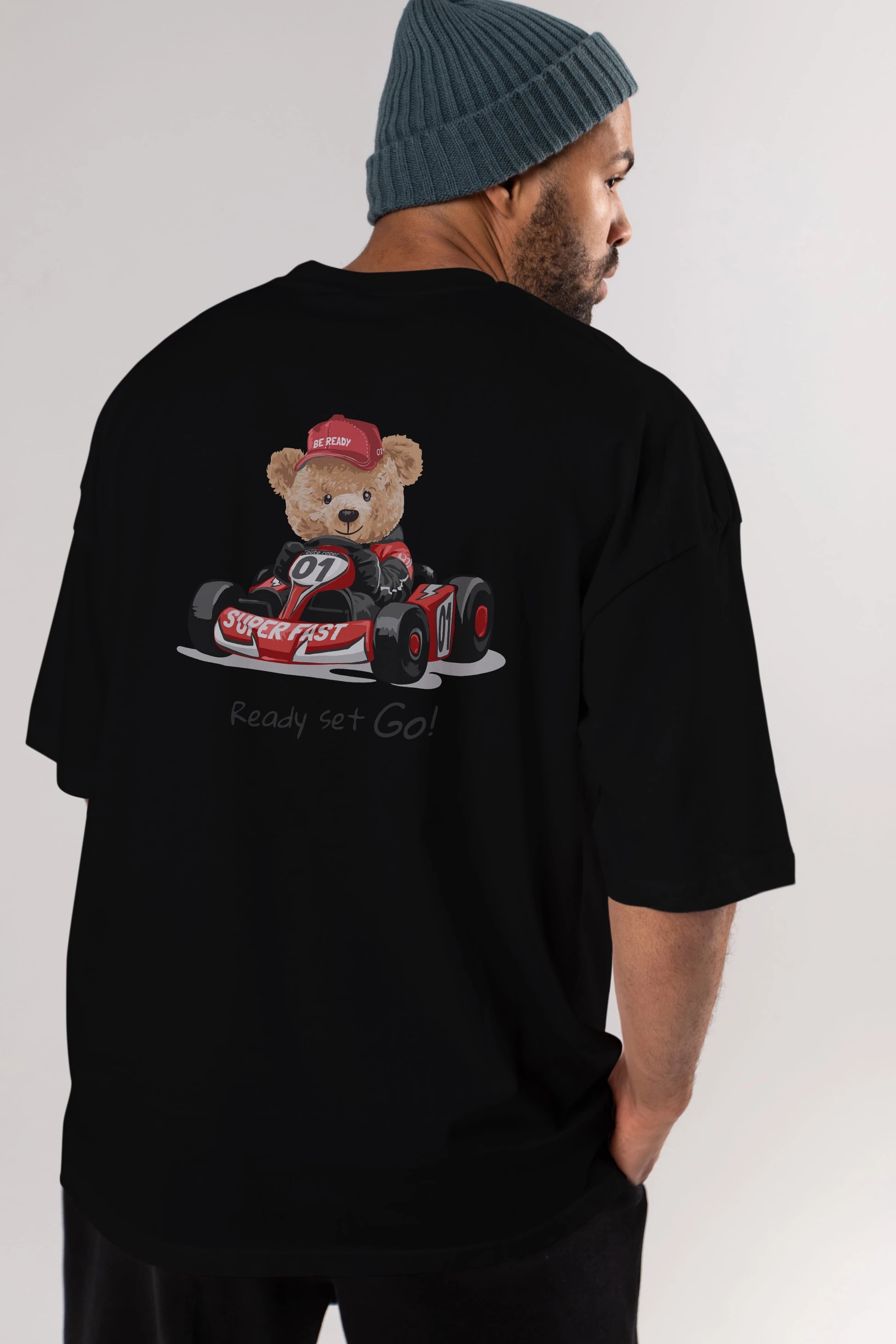 Teddy Bear Ready Set Go Arka Baskılı Oversize t-shirt Erkek Kadın Unisex %100 Pamuk
