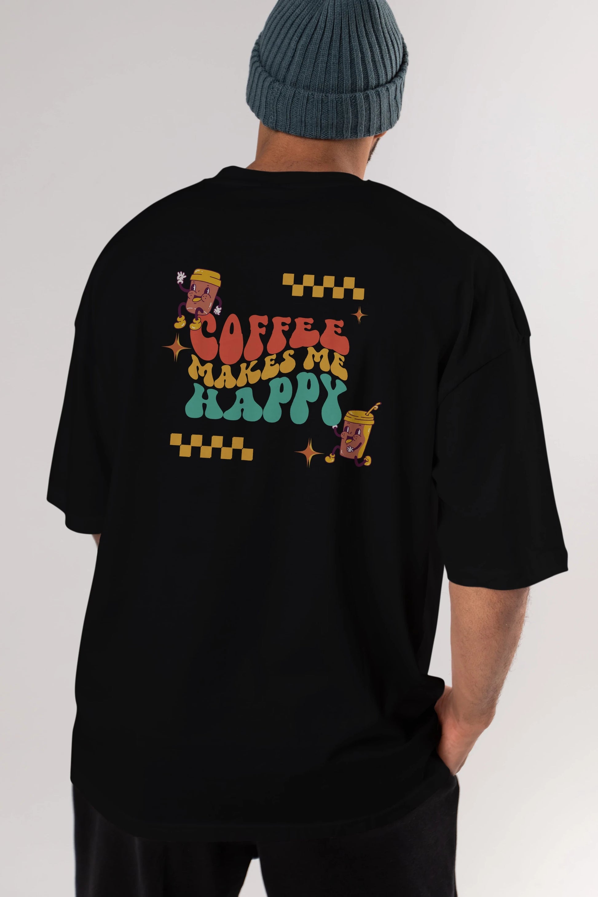 Coffee Makes Me Happy Yazılı Arka Baskılı Oversize t-shirt Erkek Kadın Unisex