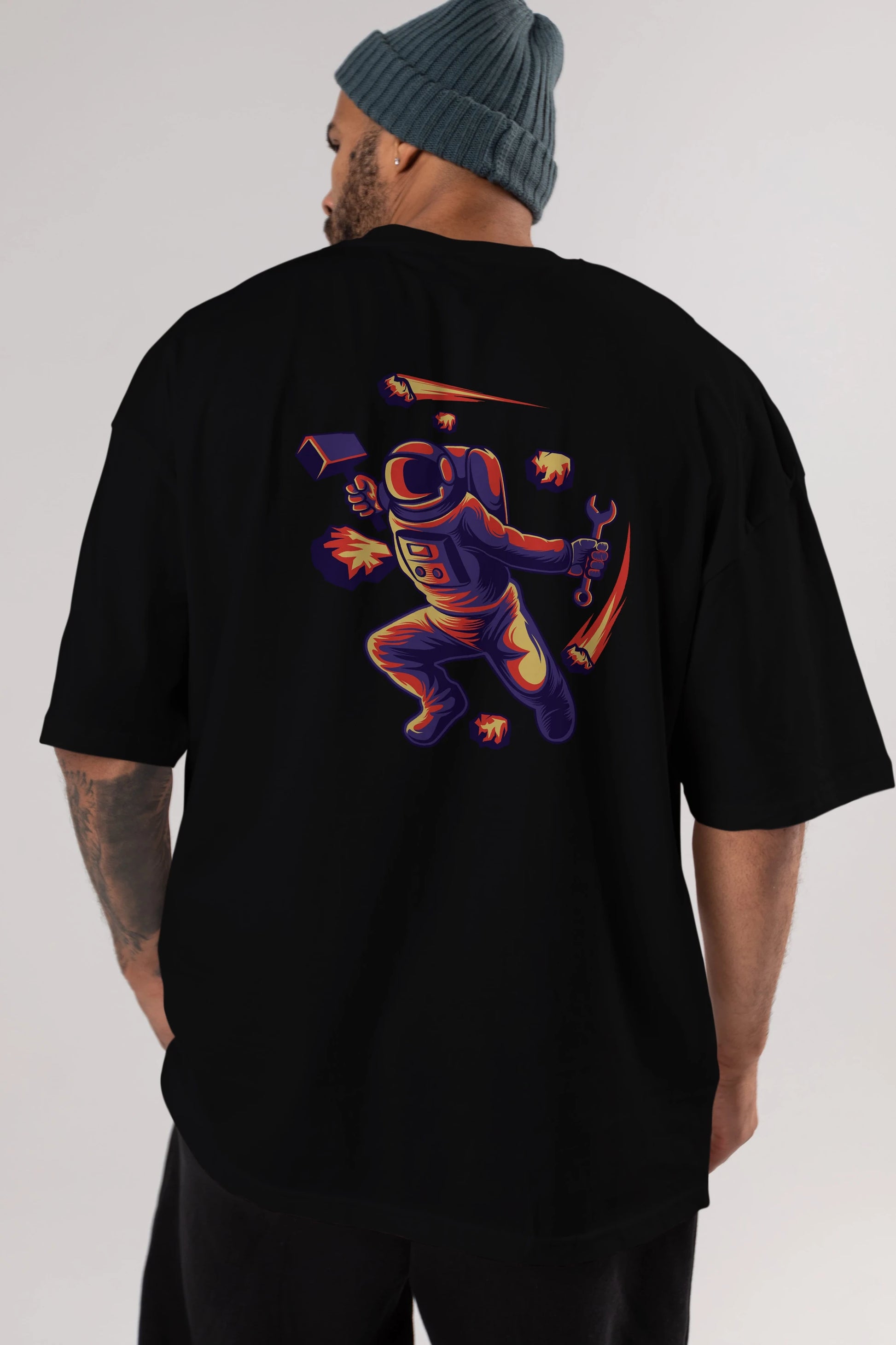 Astronaut Block Meteor Arka Baskılı Oversize t-shirt Erkek Kadın Unisex