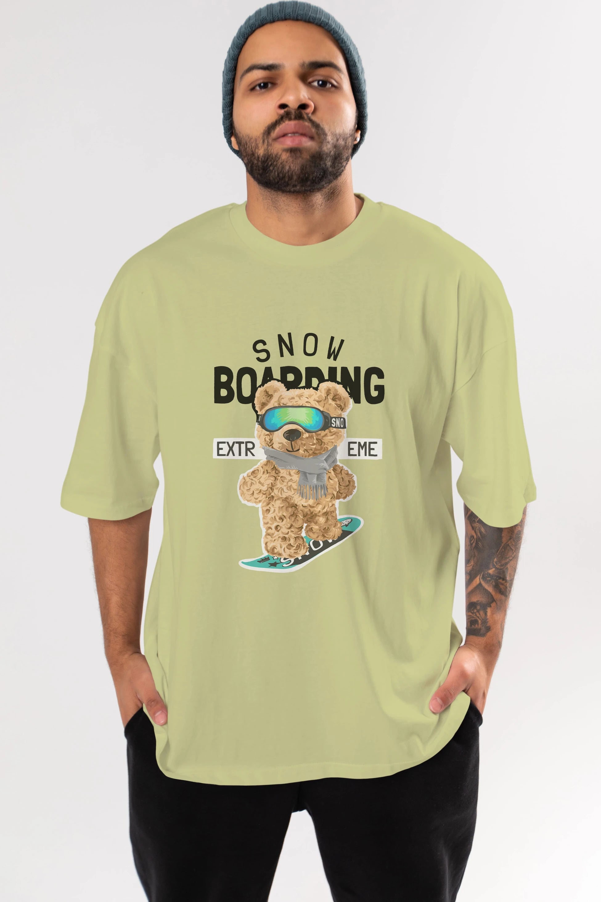 Teddy Bear Snow Boarding Ön Baskılı Oversize t-shirt Erkek Kadın Unisex %100 Pamuk