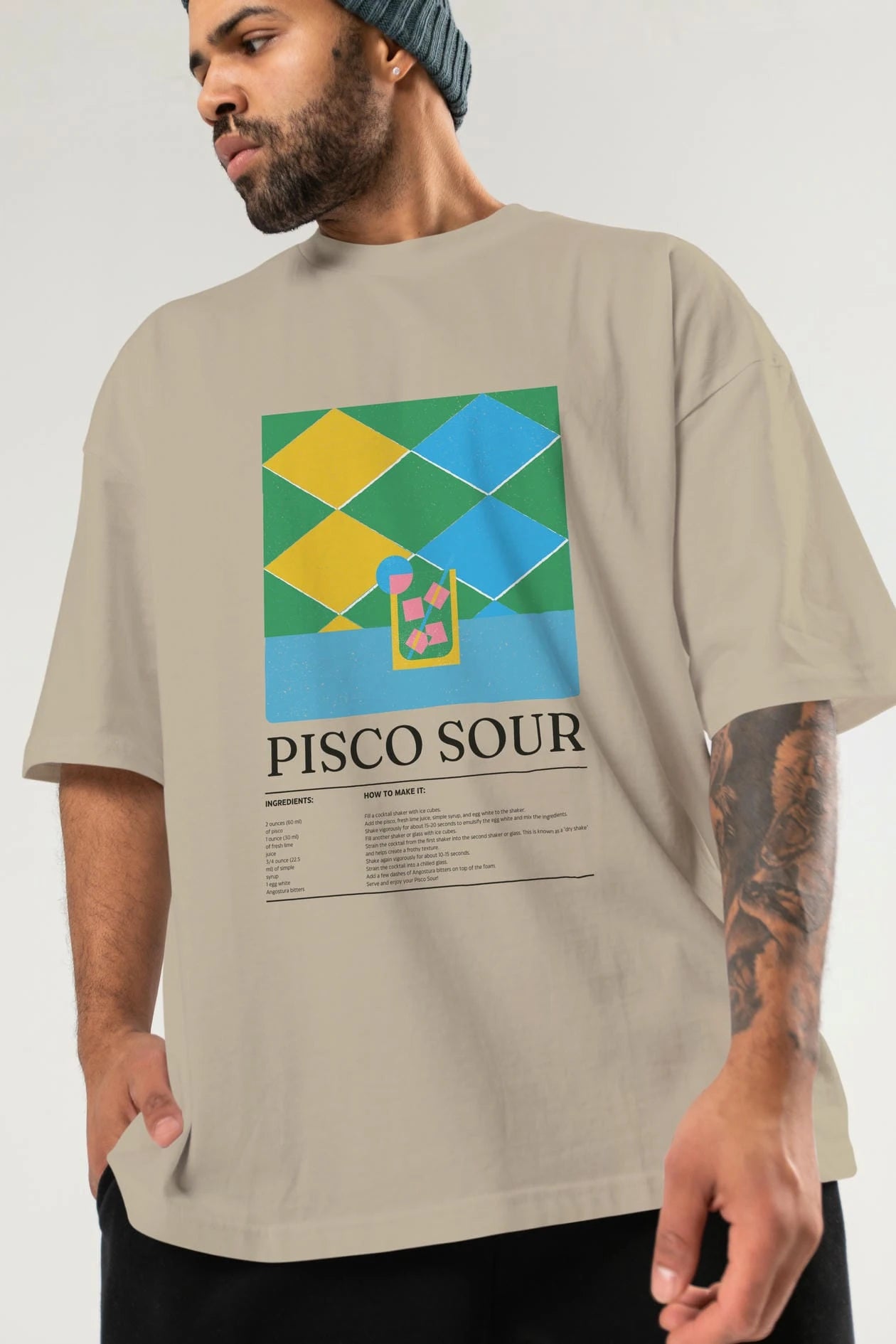 Pisco Sour Kokteyl Ön Baskılı Oversize t-shirt Erkek Kadın %100 Pamuk Bisiklet Yaka tişort