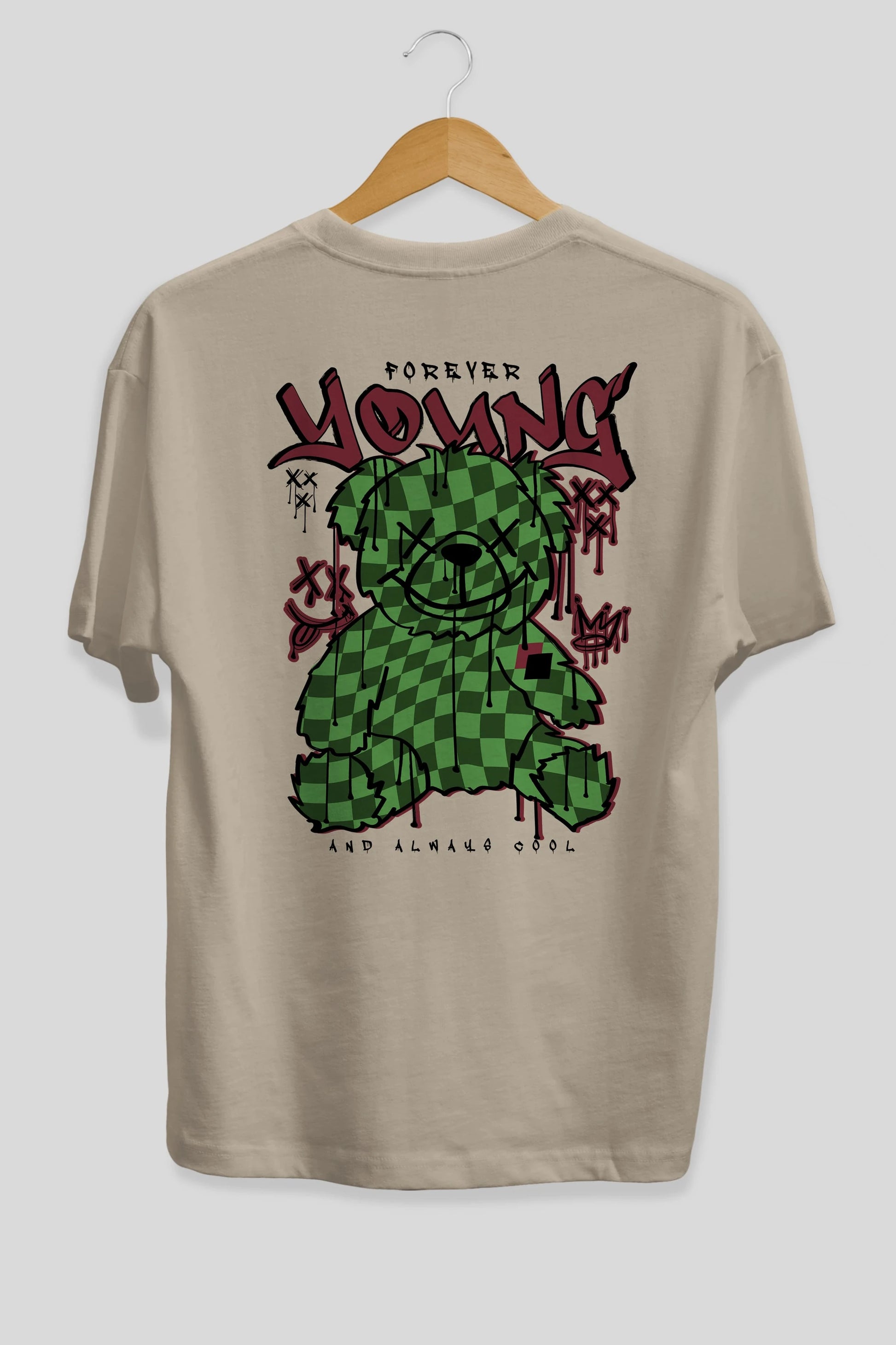 Young and Always Cool Bear Arka Baskılı Oversize t-shirt Erkek Kadın Unisex
