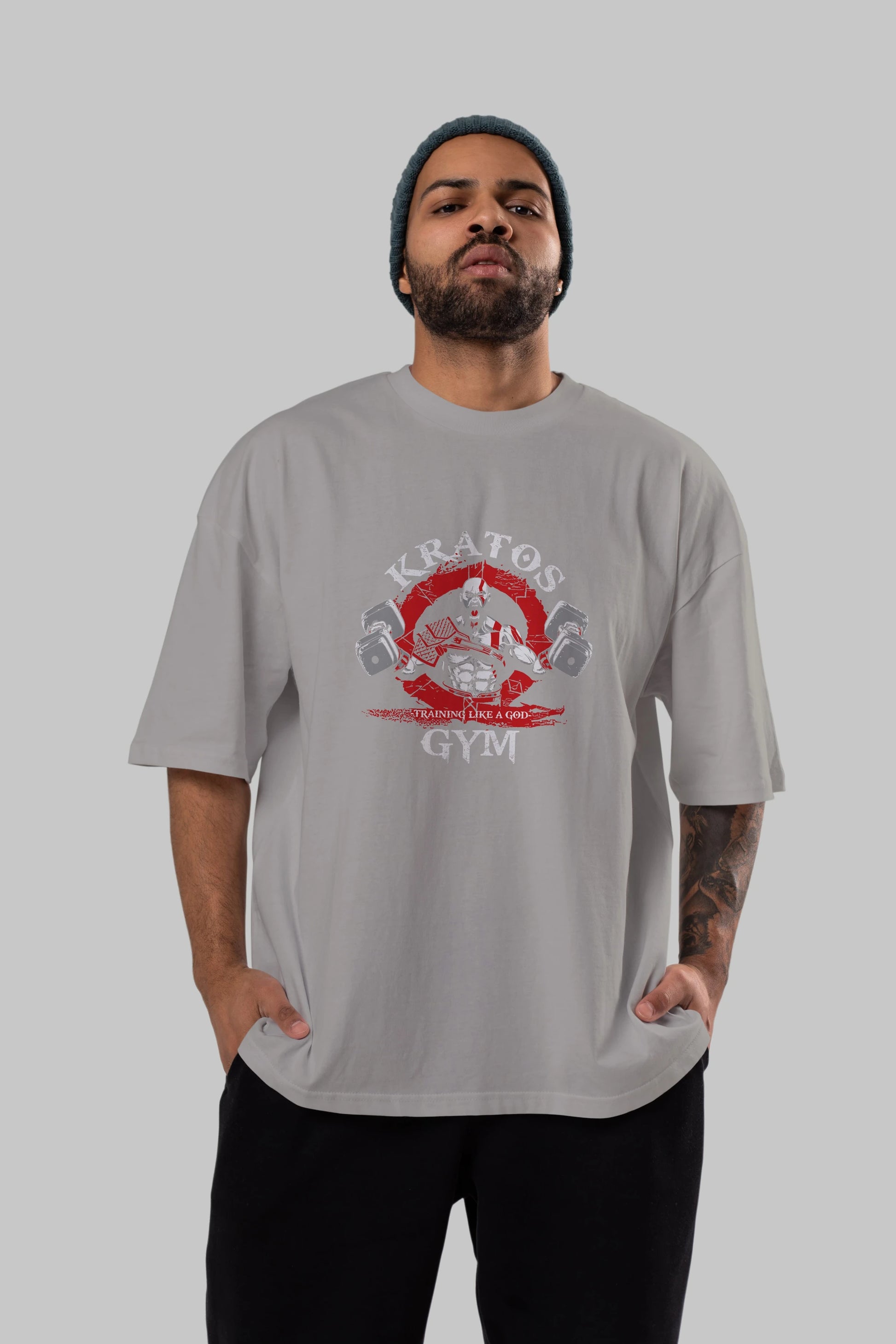 Kratos GYM Ön Baskılı Oversize t-shirt Erkek Kadın Unisex %100 Pamuk Bisiklet Yaka tişort