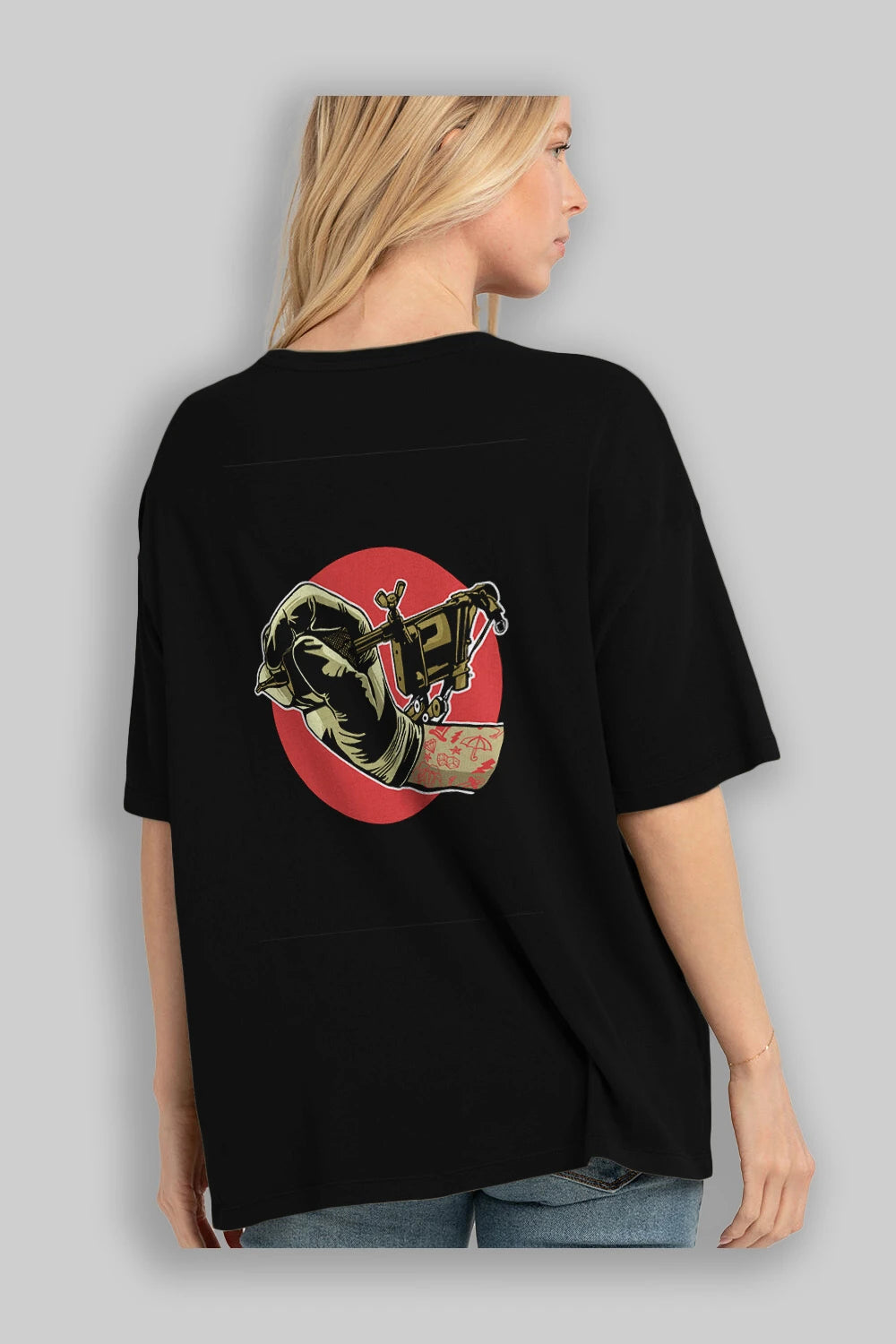 Tattoo Machine ] Arka Baskılı Oversize t-shirt Erkek Kadın Unisex %100 Pamuk