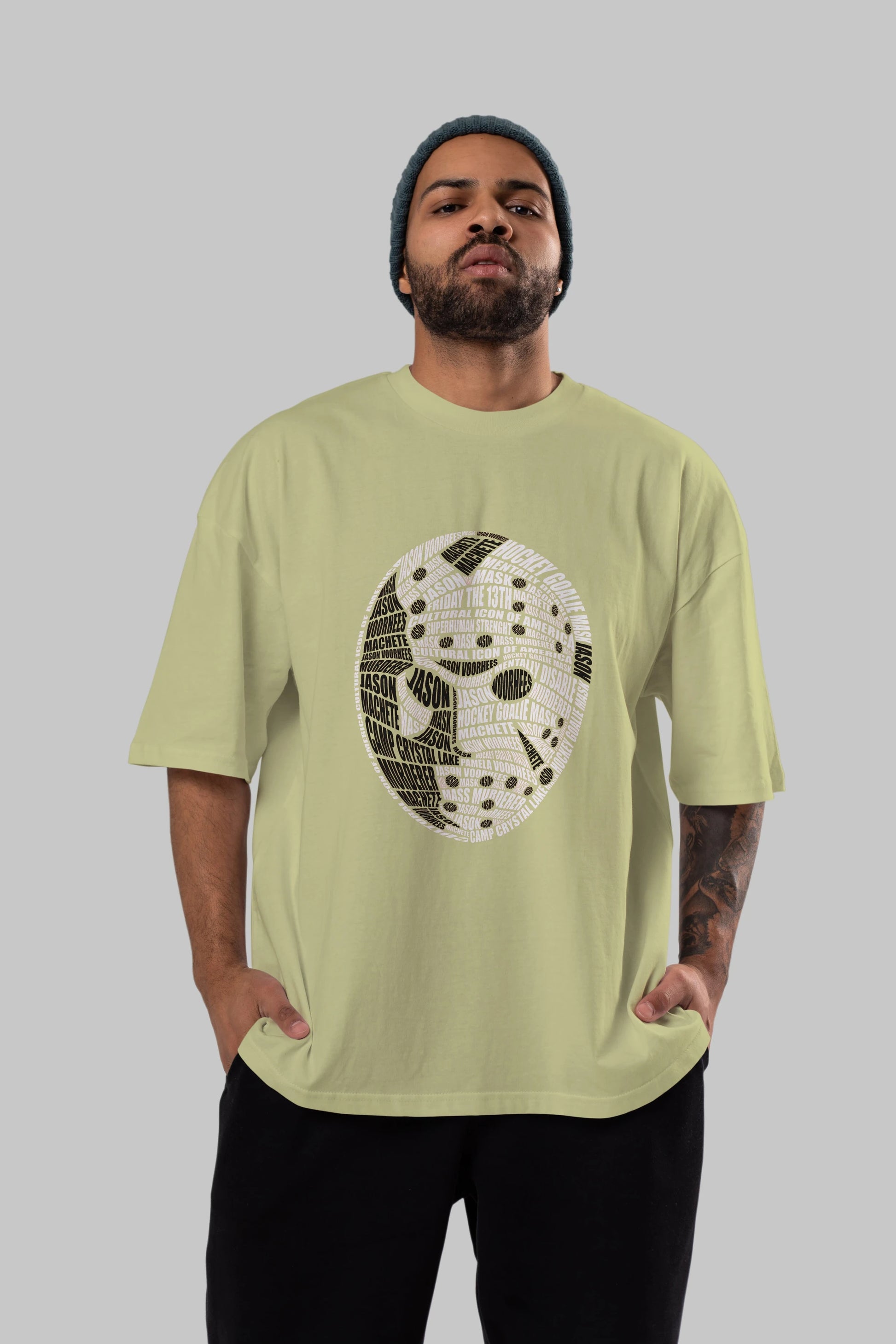 Jason Voorhees Calligram Ön Baskılı Oversize t-shirt %100 pamuk Erkek Kadın Unisex