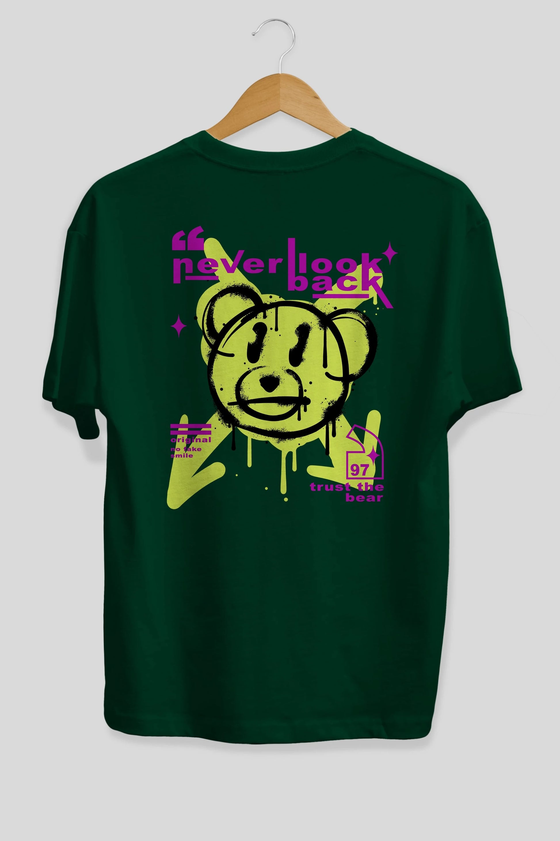 Never Look Back Bear Arka Baskılı Oversize t-shirt Erkek Kadın Unisex