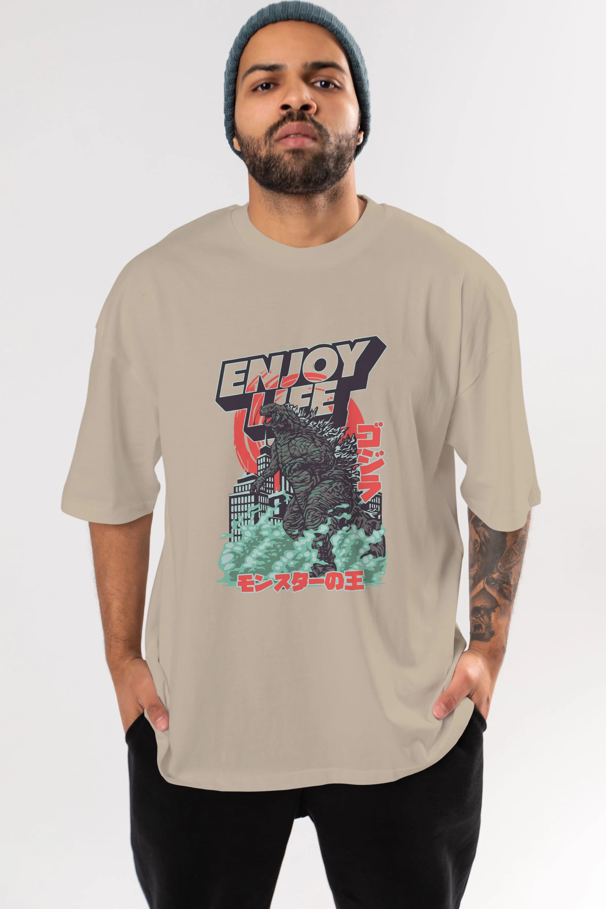 Godzilla Ön Baskılı Oversize t-shirt Erkek Kadın Unisex %100 Pamuk Bisiklet Yaka tişort