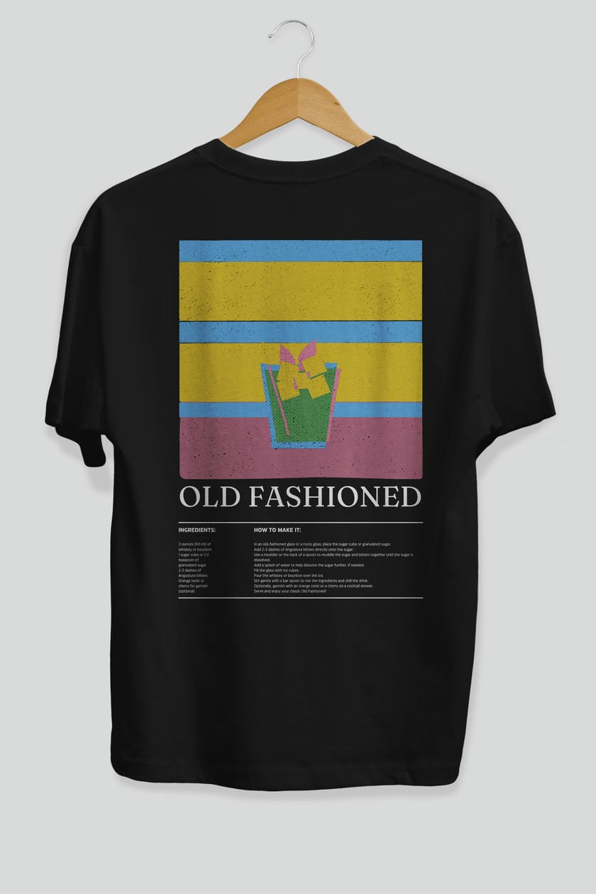 Old Fashioned Kokteyl Serisi Arka Baskılı Oversize t-shirt Erkek Kadın %100 Pamuk Bisiklet Yaka tişort