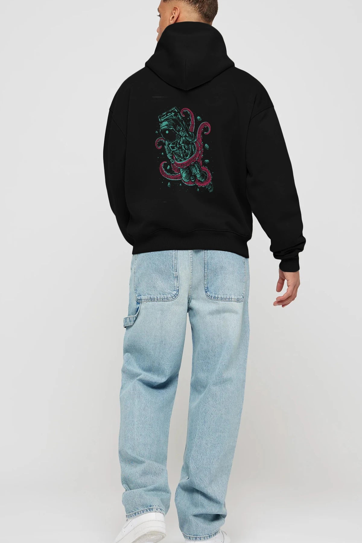 Astronaut Octopus Arka Baskılı Hoodie Oversize Kapüşonlu Sweatshirt Erkek Kadın Unisex
