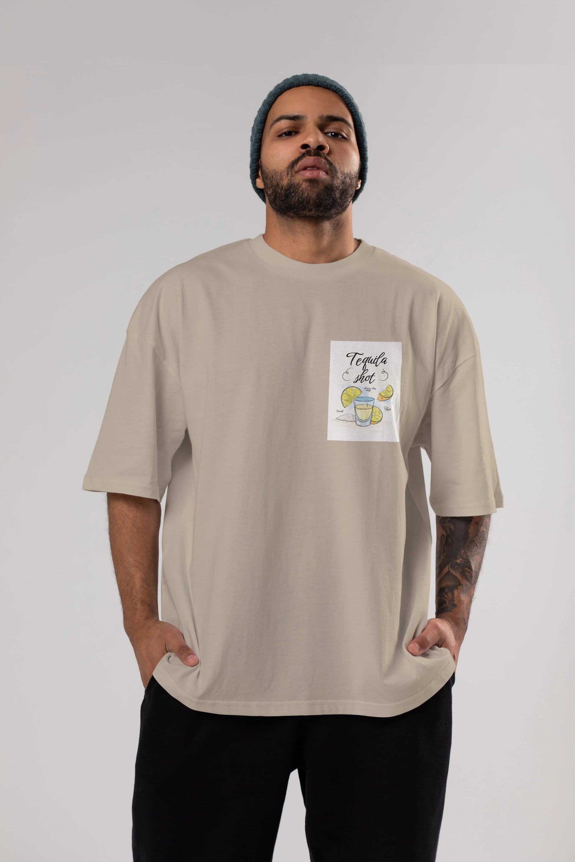 Tequila Shot Ön Sol Baskılı Oversize t-shirt Erkek Kadın Unisex %100 Pamuk Bisiklet Yaka tişort
