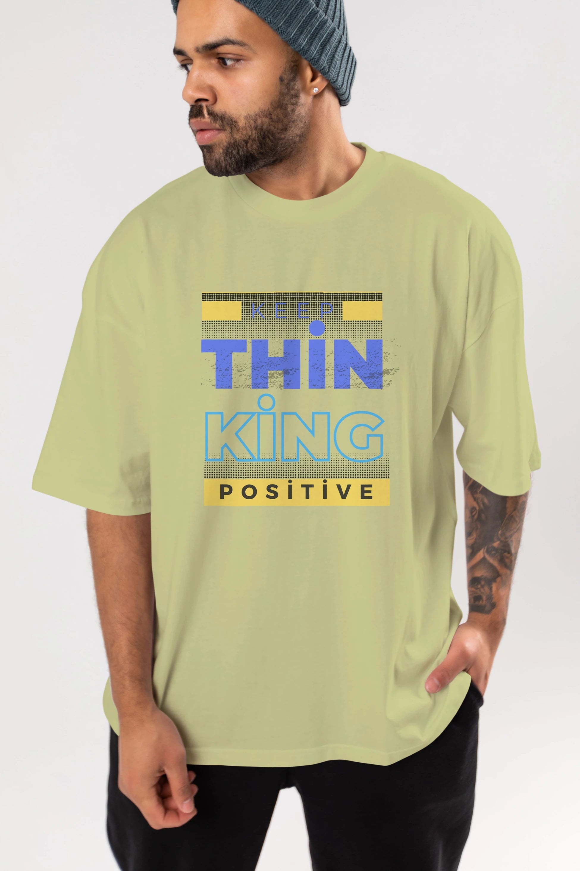 Keep Thinking Positive Yazılı Ön Baskılı Oversize t-shirt Erkek Kadın Unisex