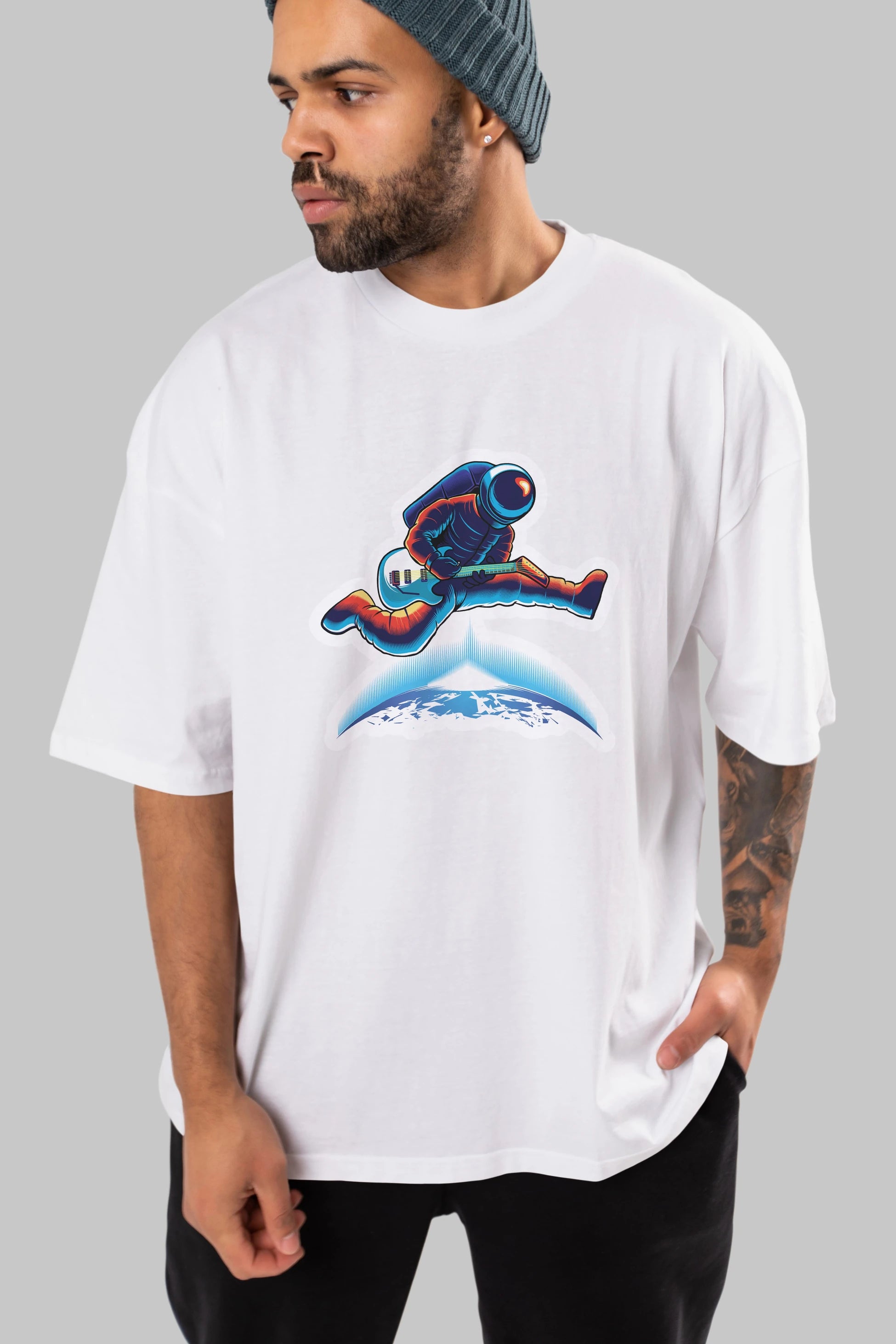 Astroguitar Sticker Ön Baskılı Oversize t-shirt Erkek Kadın Unisex