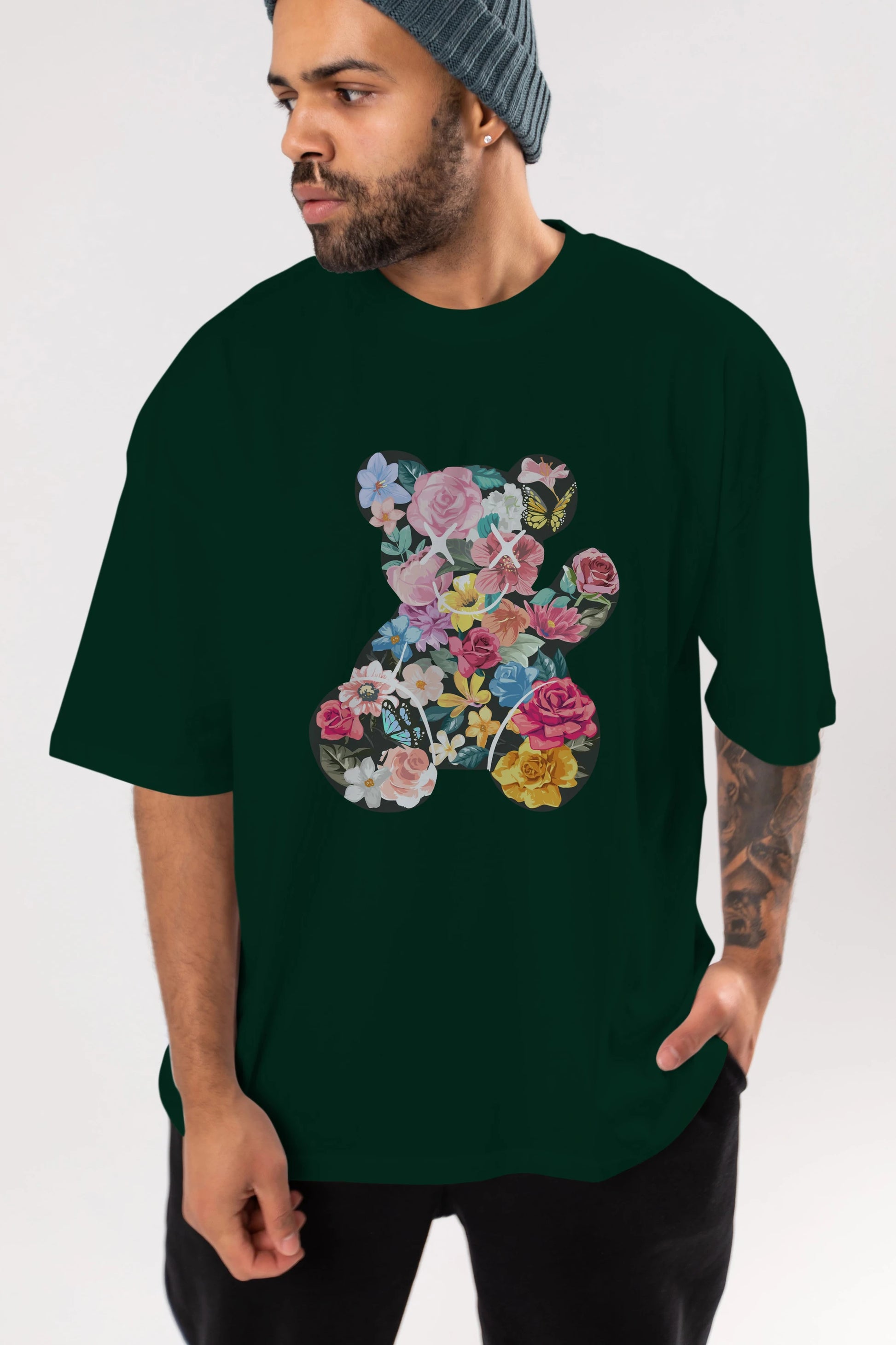 Flowers Bear Ön Baskılı Oversize t-shirt Erkek Kadın Unisex