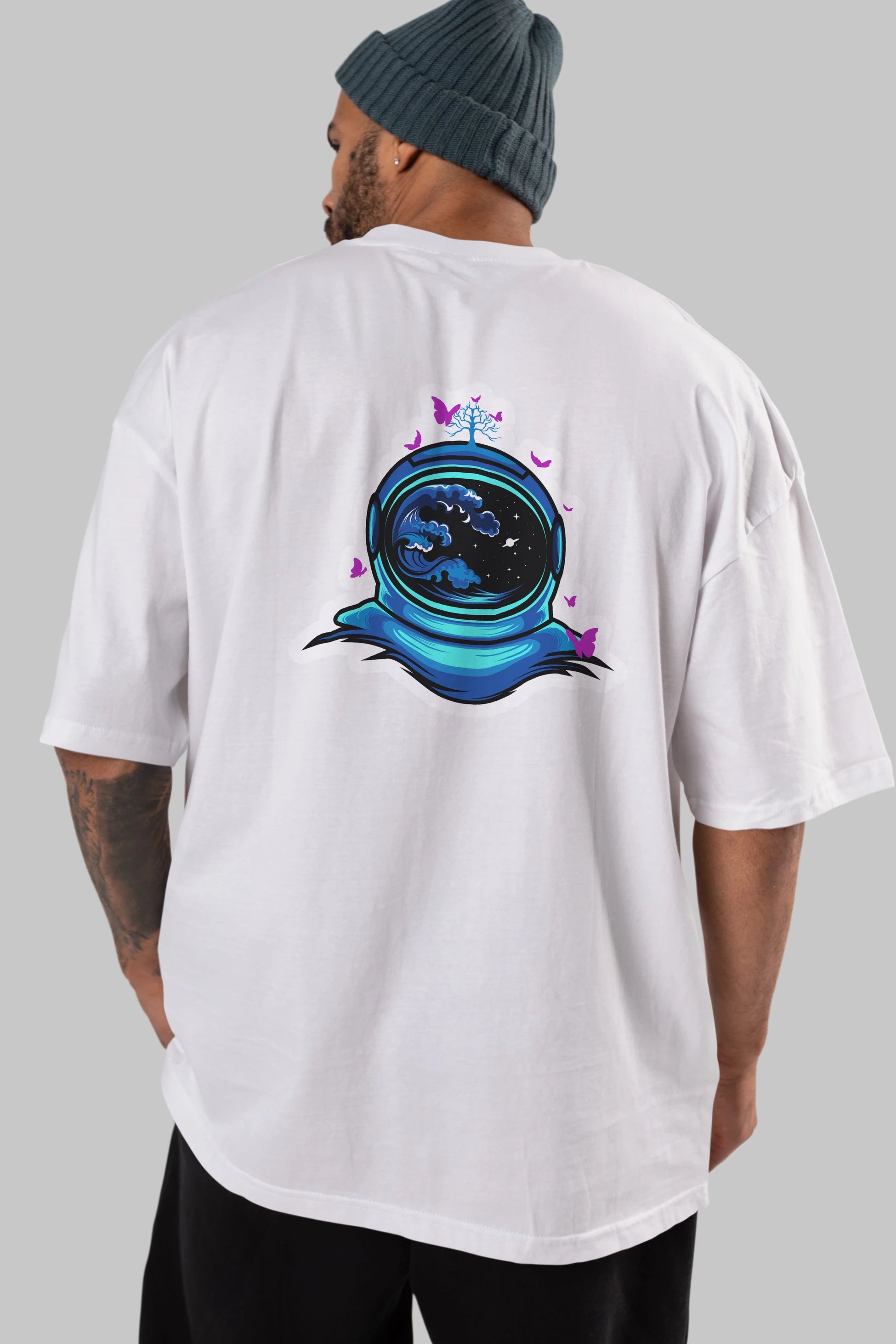 Astronaut and Butterfly Sticker Arka Baskılı Oversize t-shirt Erkek Kadın Unisex