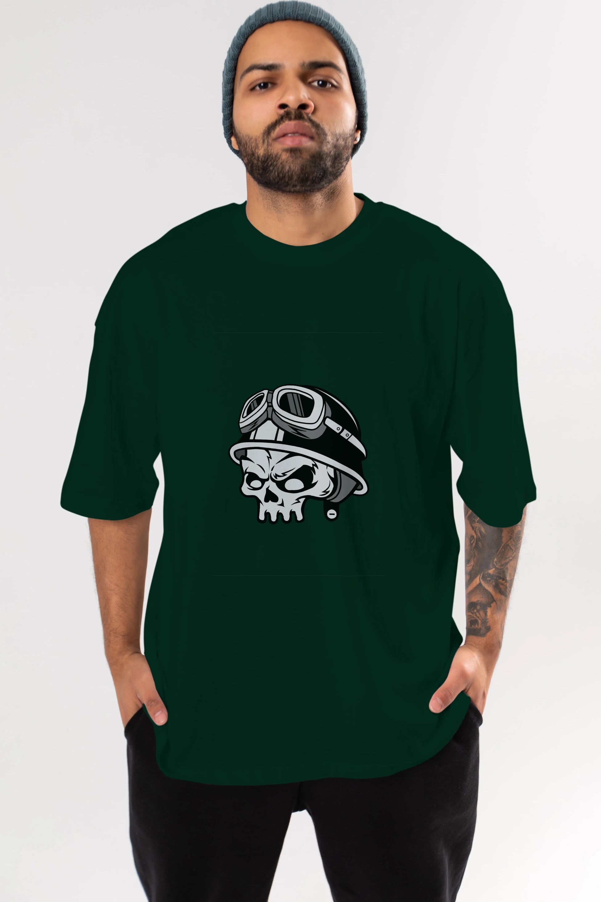 Biker Helmet Ön Baskılı Oversize t-shirt Erkek Kadın Unisex %100 Pamuk tişort
