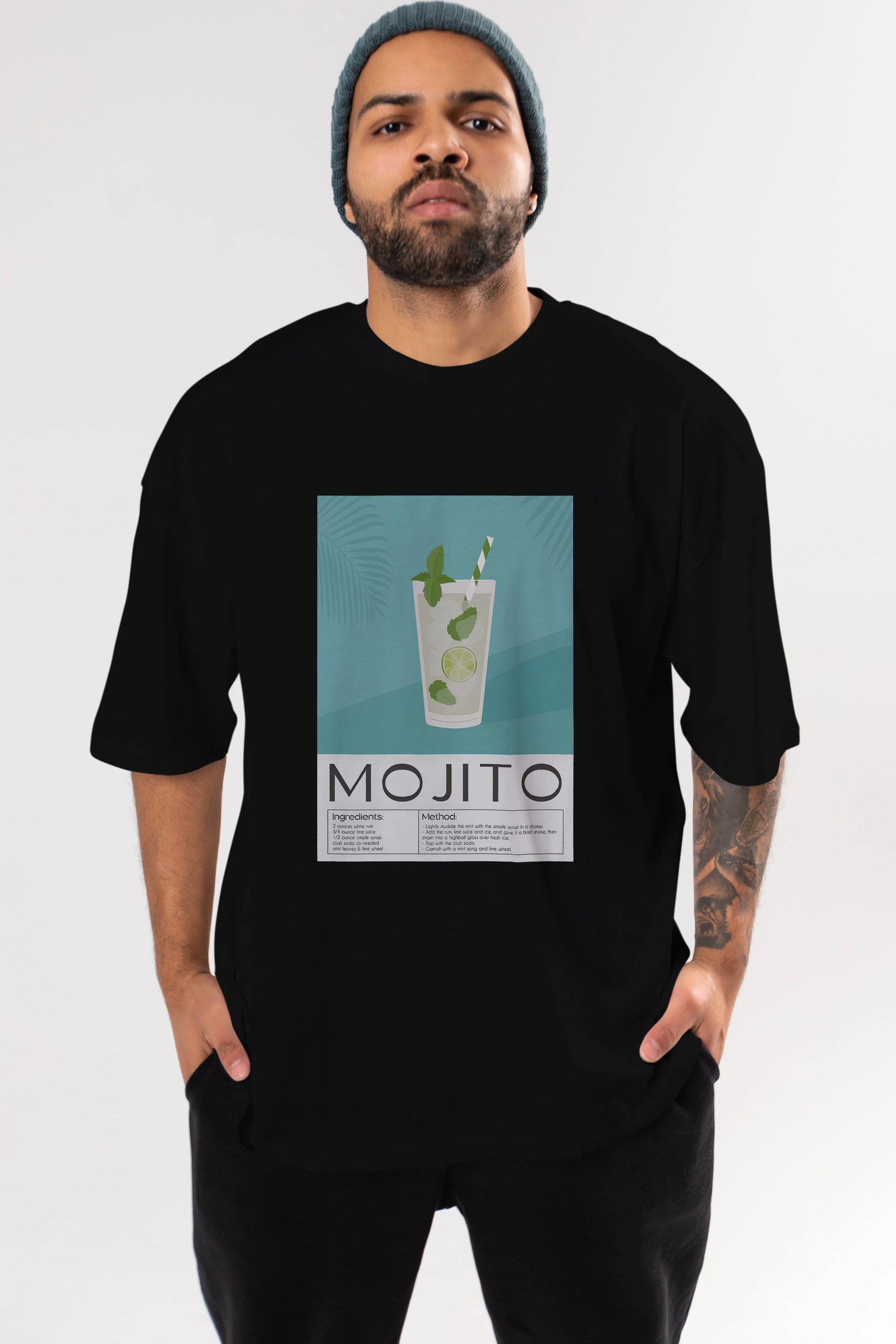 Mojito 4 Ön Baskılı Oversize t-shirt Erkek Kadın Unisex %100 Pamuk Bisiklet Yaka tişort