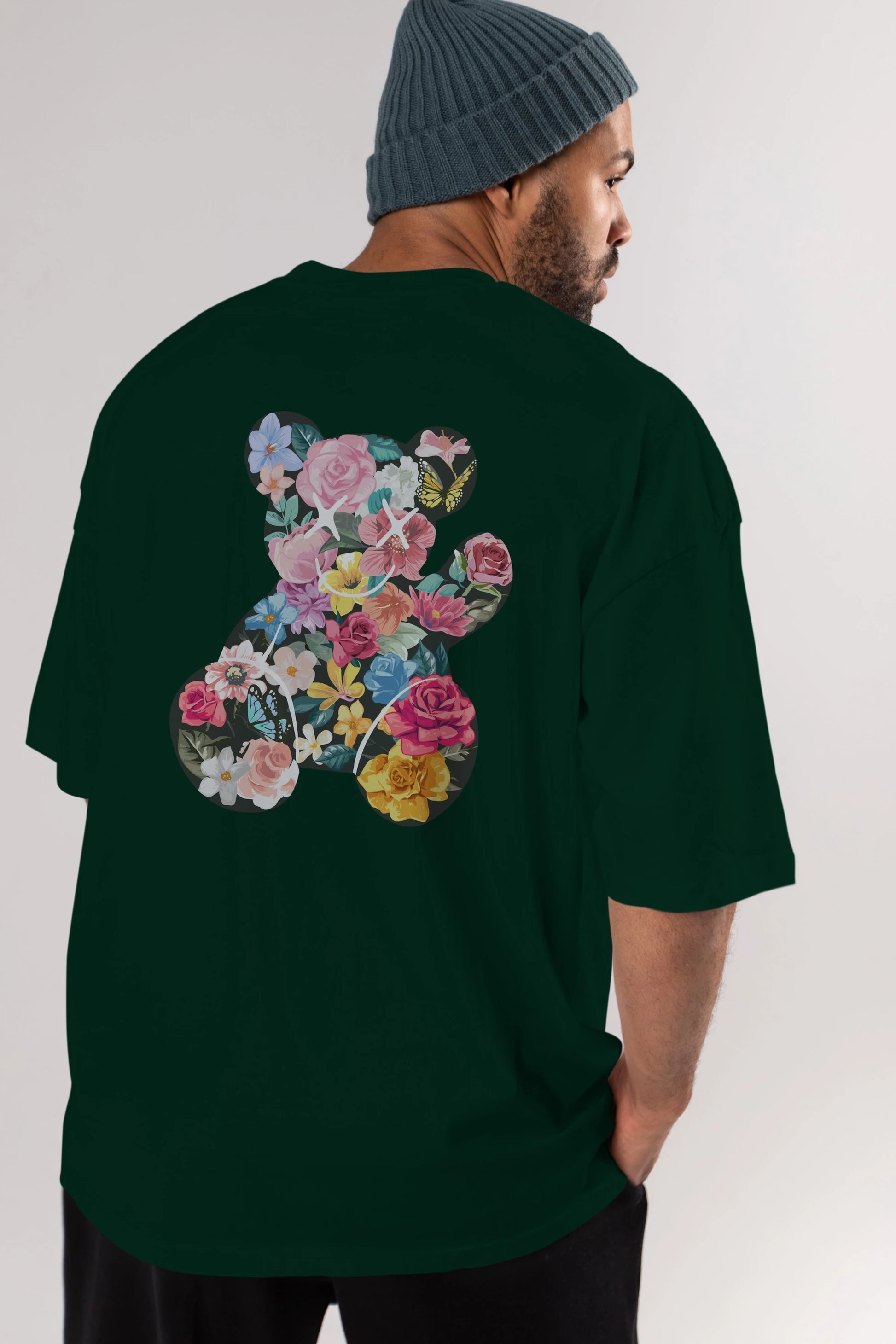 Flowers Bear Arka Baskılı Oversize t-shirt Erkek Kadın Unisex