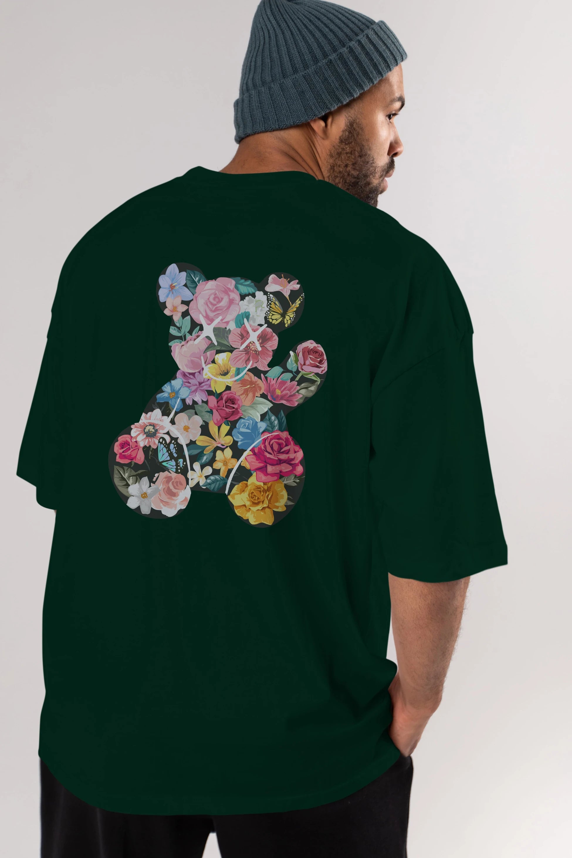 Flowers Bear Arka Baskılı Oversize t-shirt Erkek Kadın Unisex