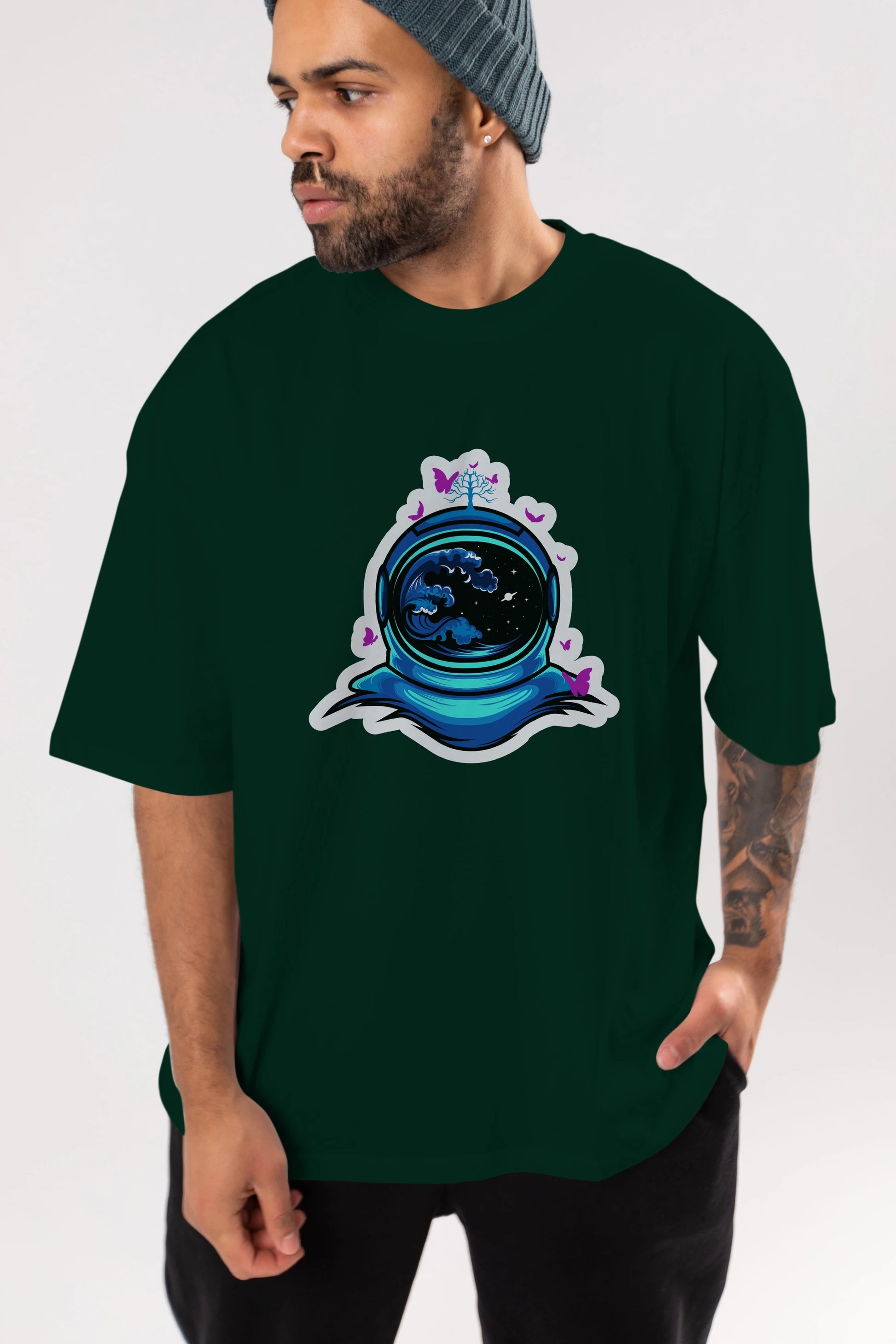 Astronaut and Butterfly Sticker Ön Baskılı Oversize t-shirt Erkek Kadın Unisex