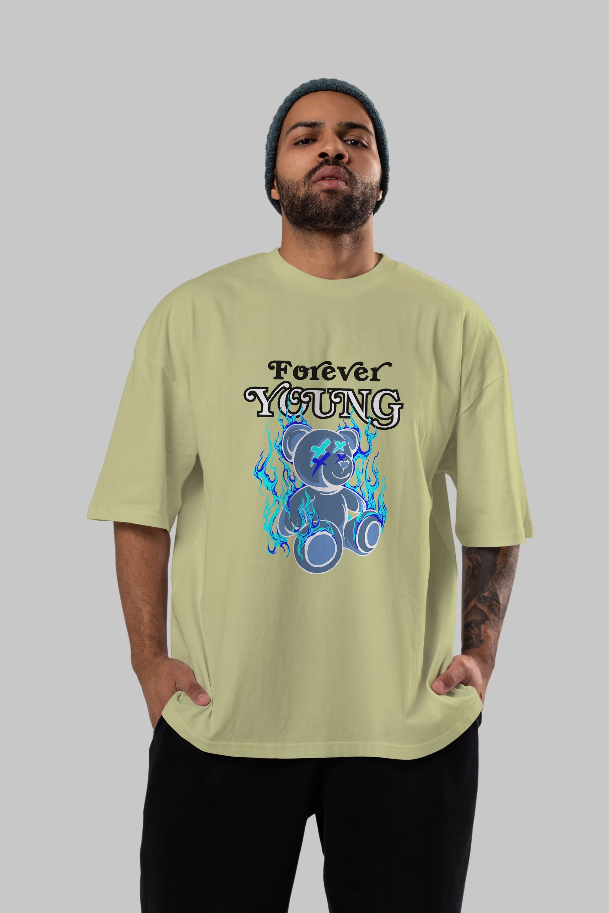 Forever Young Bear Ön Baskılı Oversize t-shirt Erkek Kadın Unisex