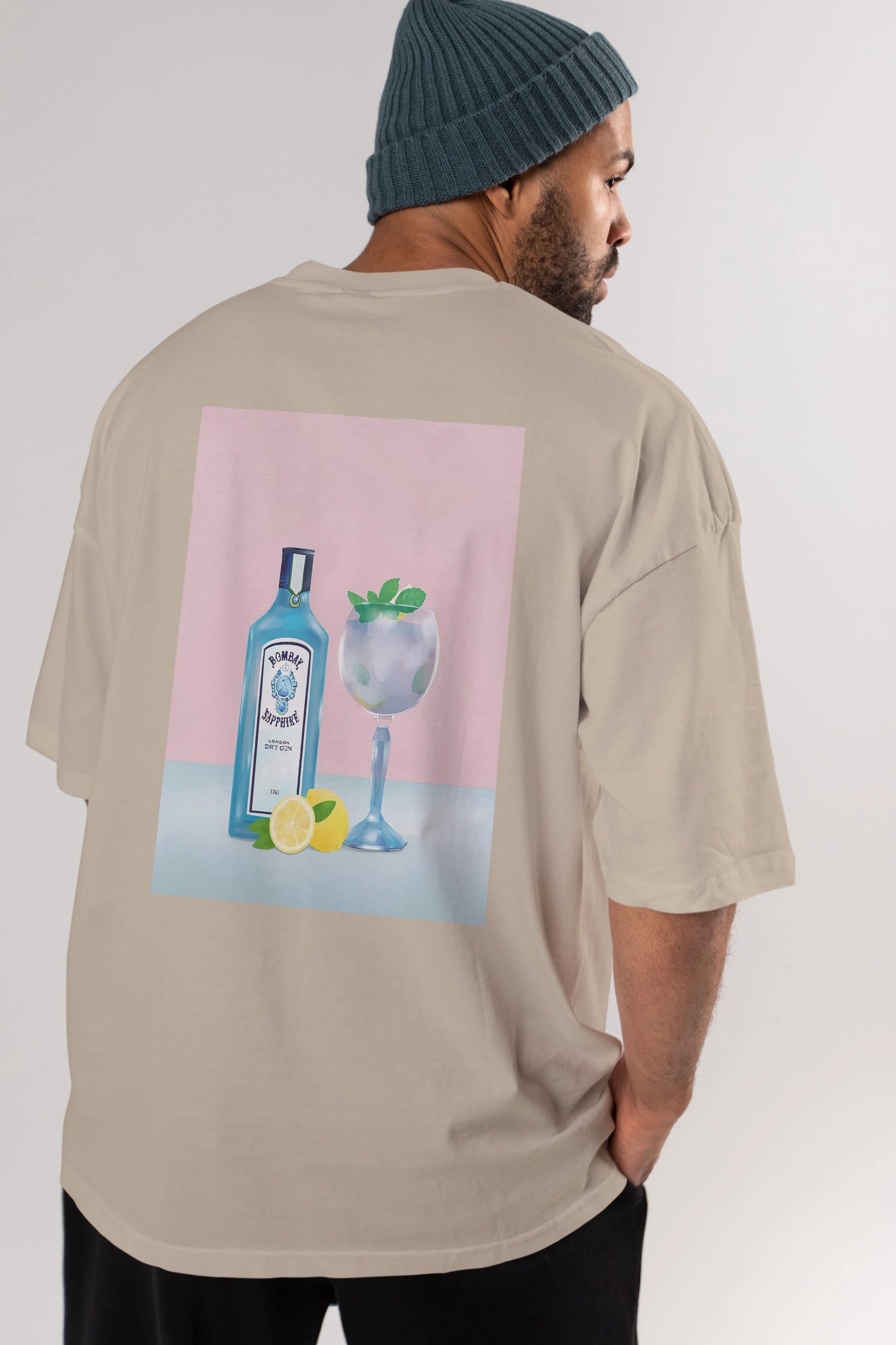 Bombay Sapphire Dry Gin Arka Baskılı Oversize t-shirt Erkek Kadın Unisex %100 Pamuk Bisiklet Yaka tişort