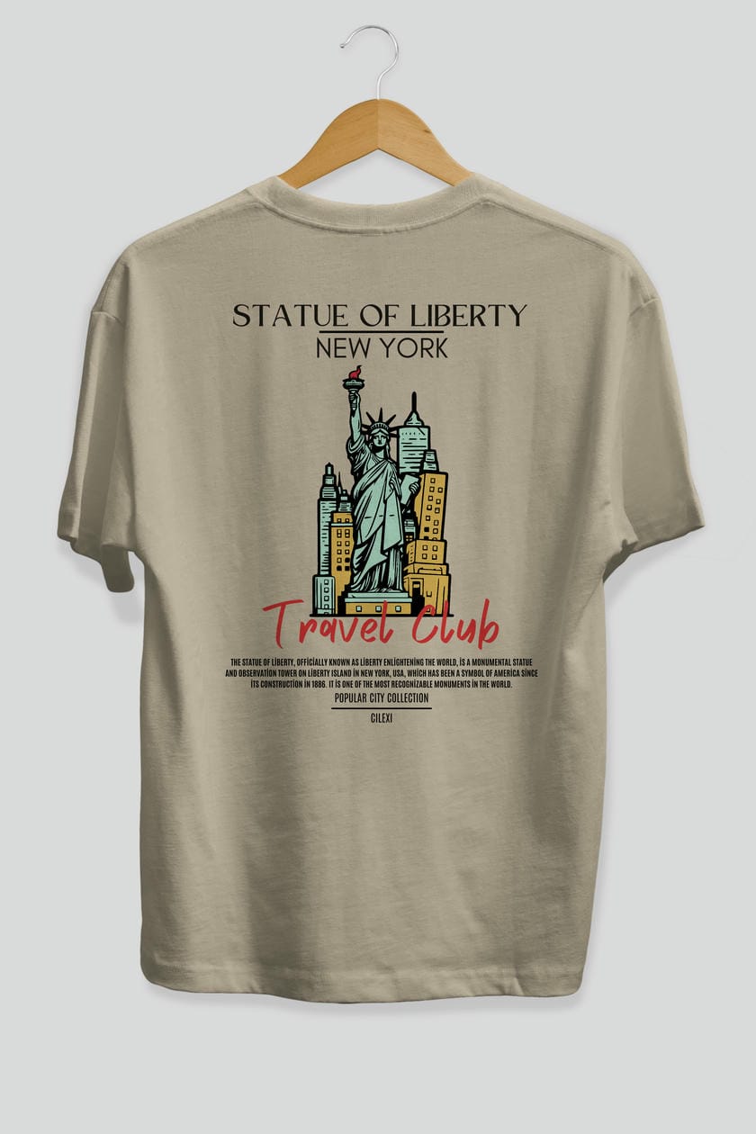 Statue Of Liberty New York Arka Baskılı Oversize t-shirt Erkek Kadın Pamuk Bisiklet Yaka tişort