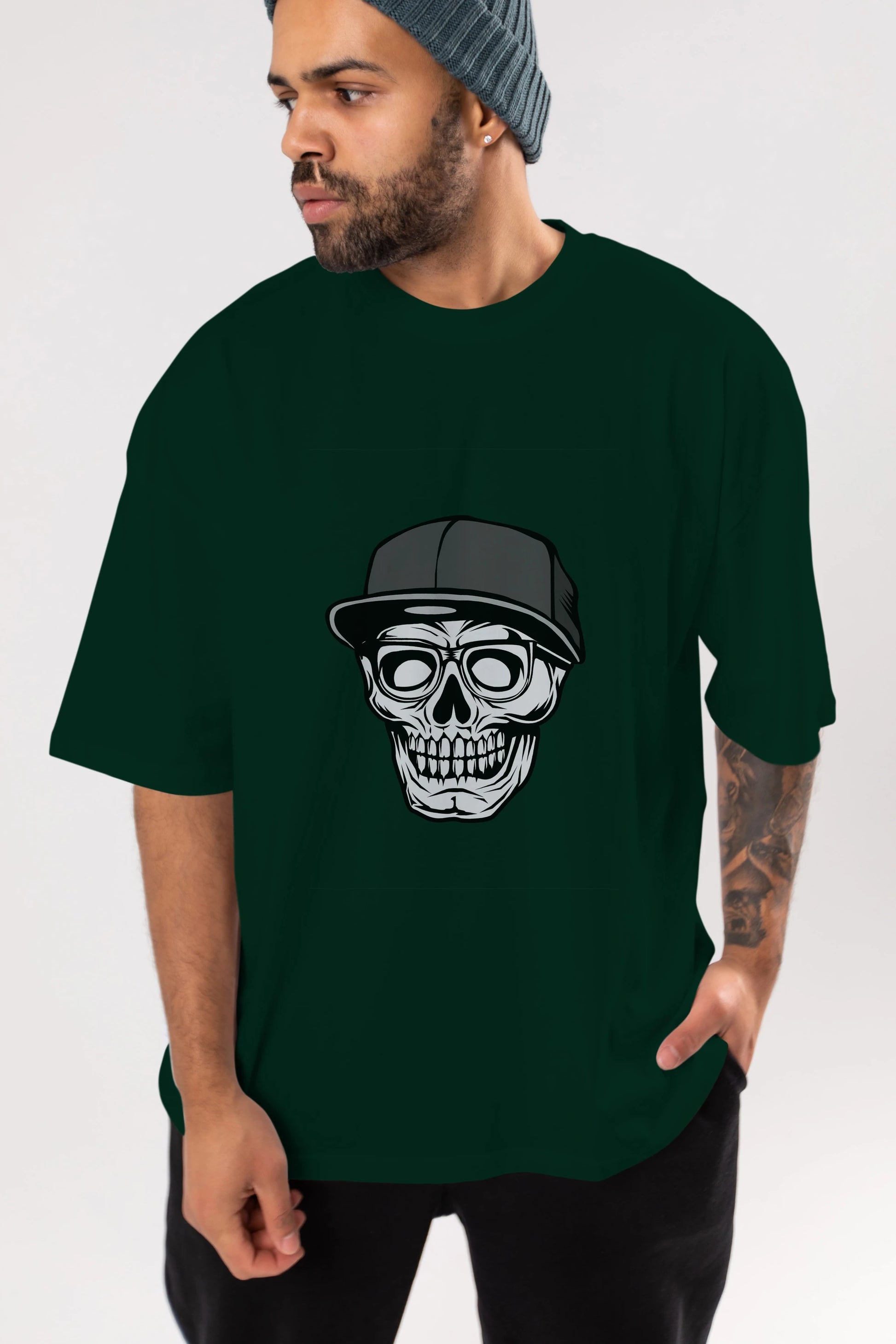 Skull With Hat Ön Baskılı Oversize t-shirt Erkek Kadın Unisex %100 Pamuk tişort
