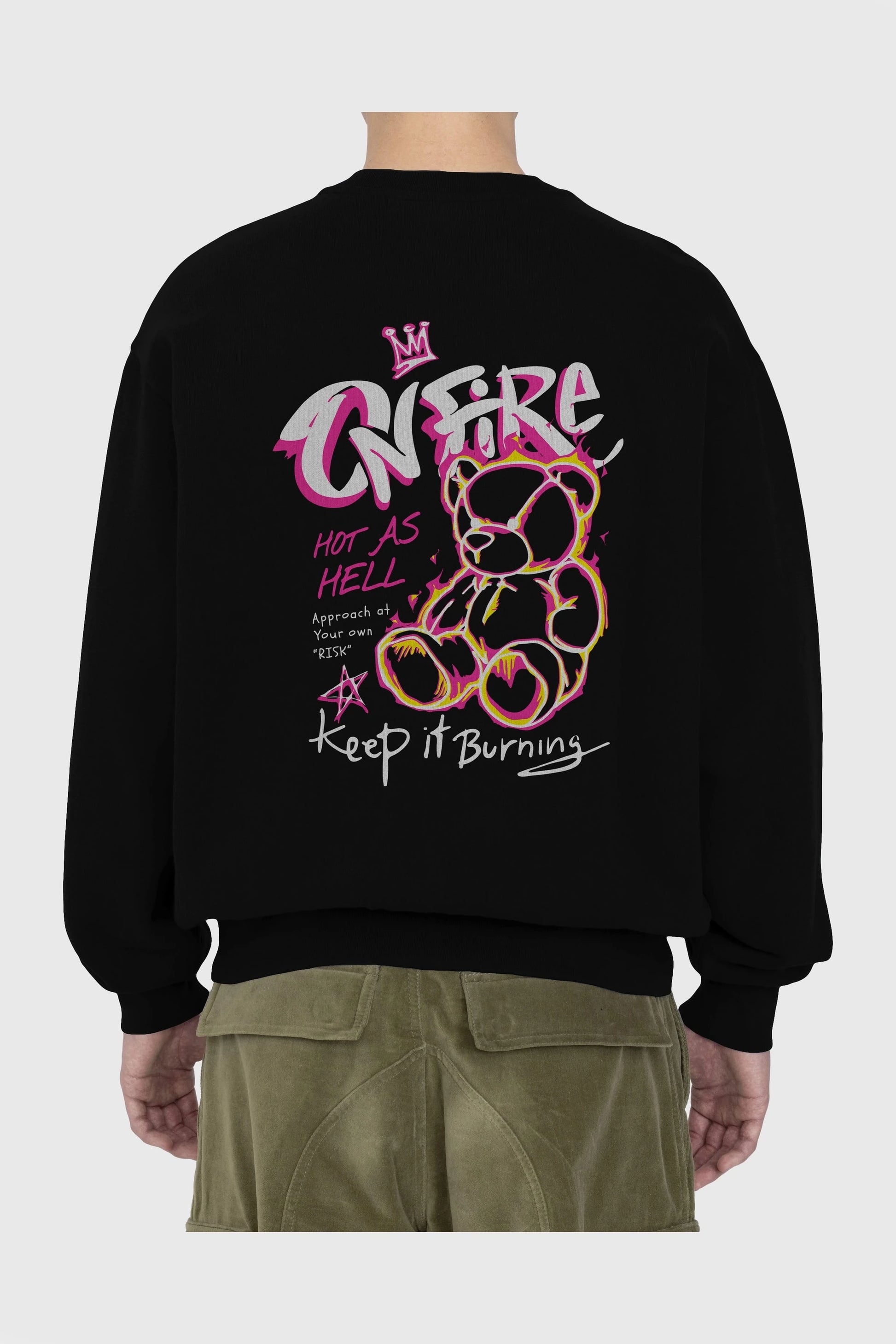 On Fire Bear Arka Baskılı Oversize Sweatshirt Erkek Kadın Unisex