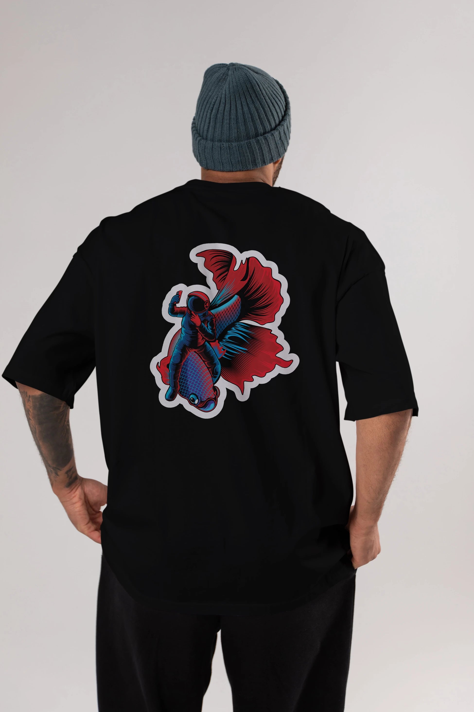 Astrofish selfie sticker Arka Baskılı Oversize t-shirt Erkek Kadın Unisex