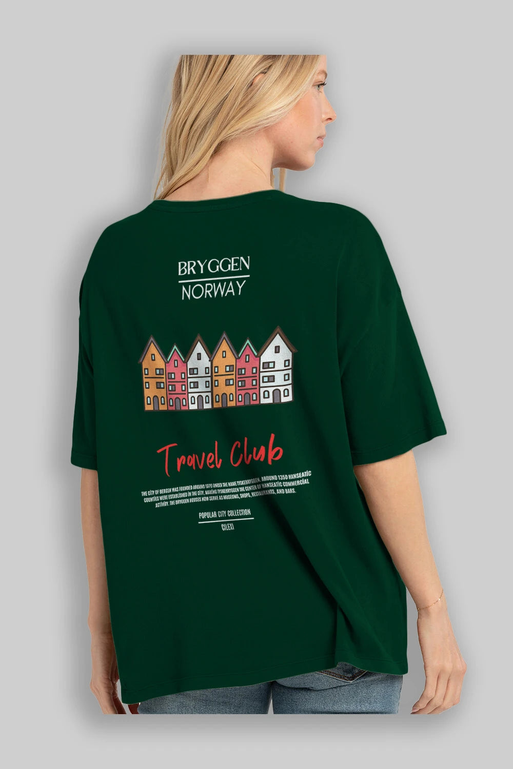 Bryggen Norway Arka Baskılı Oversize t-shirt Erkek Kadın Pamuk Bisiklet Yaka tişort