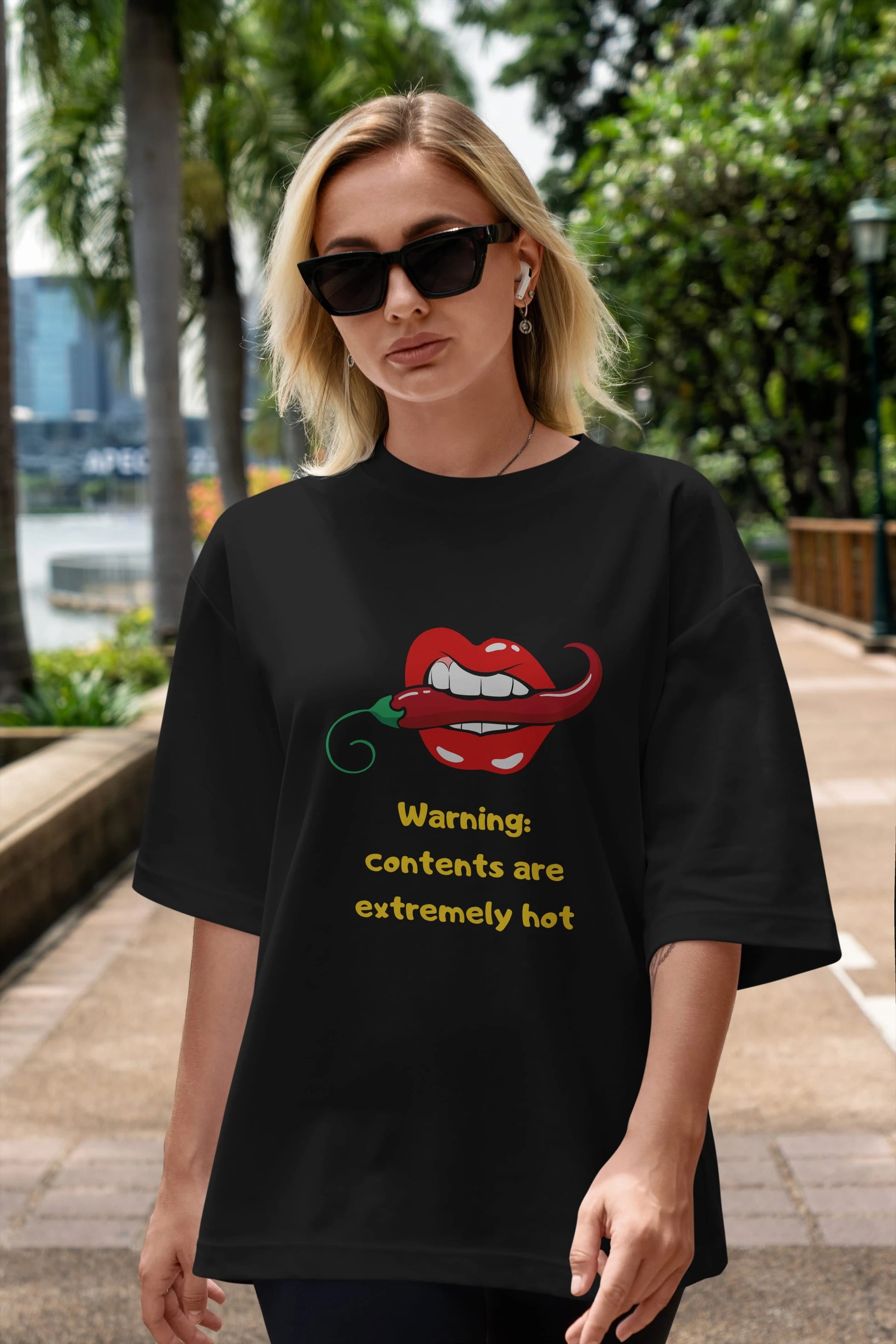 Warning Contents Yazılı Ön Baskılı Oversize t-shirt Erkek Kadın Unisex