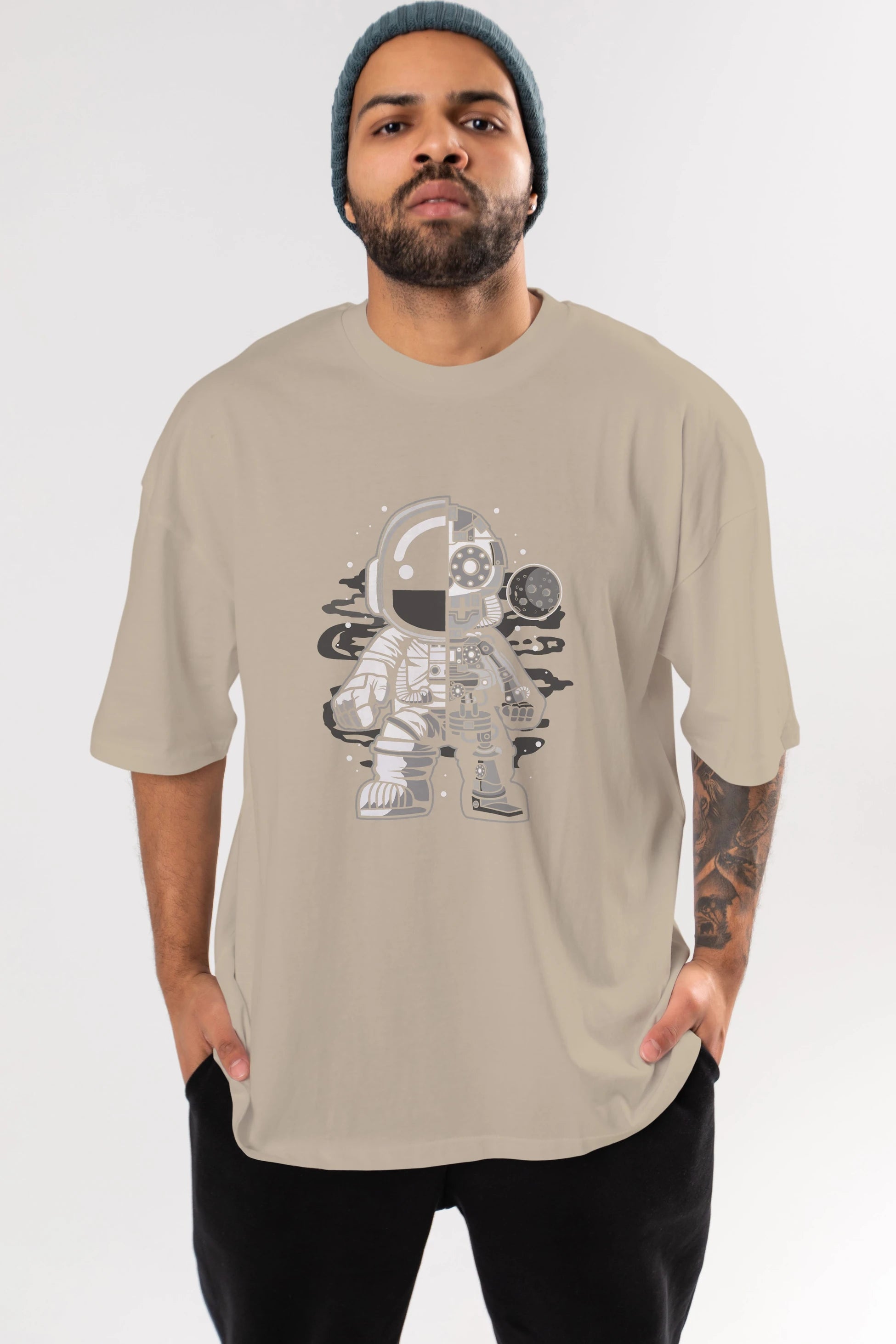 Astronaut Half Robot Ön Baskılı Oversize t-shirt Erkek Kadın Unisex