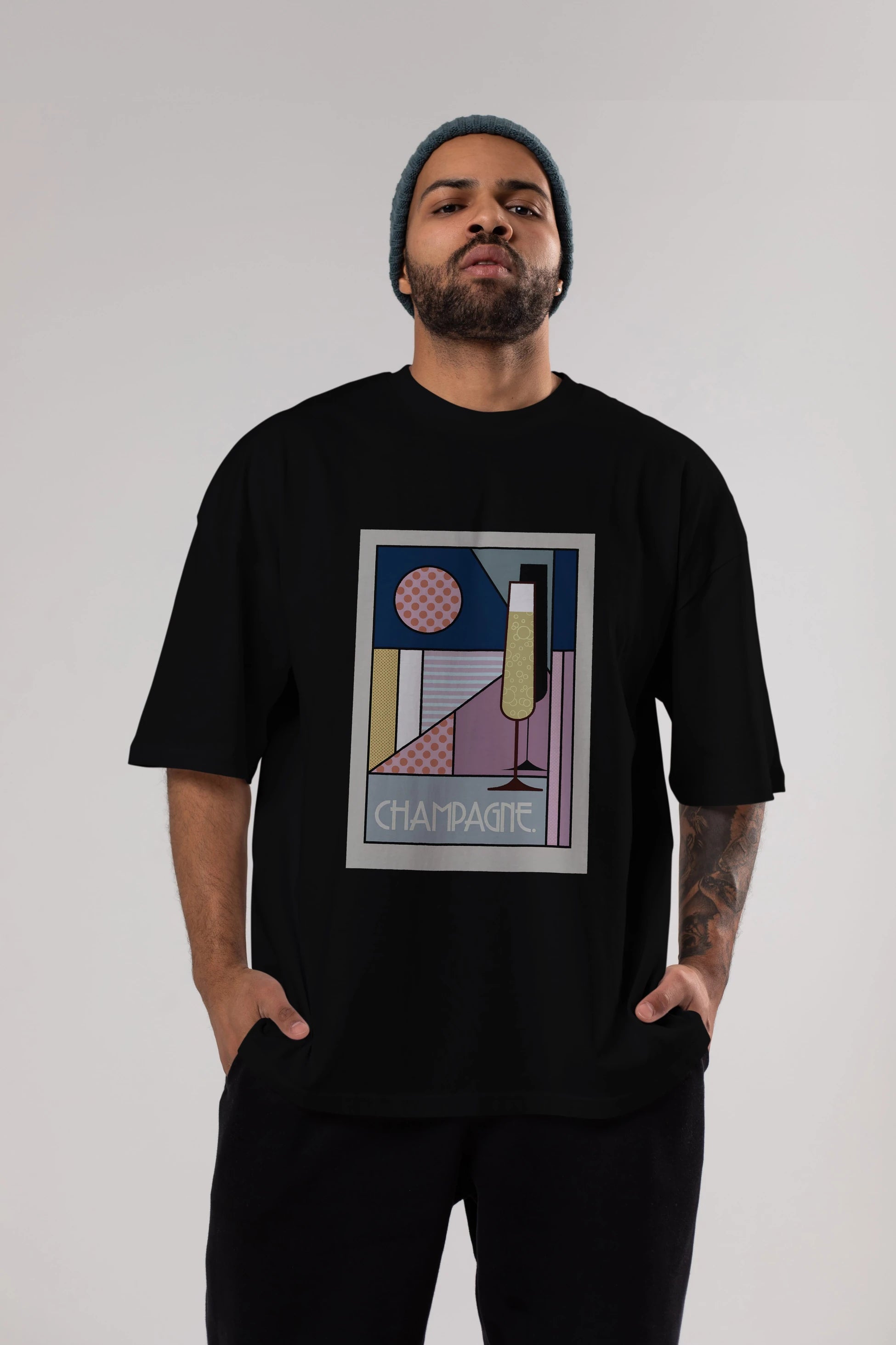 Champagne Ön Baskılı Oversize t-shirt Erkek Kadın Unisex %100 Pamuk Bisiklet Yaka tişort