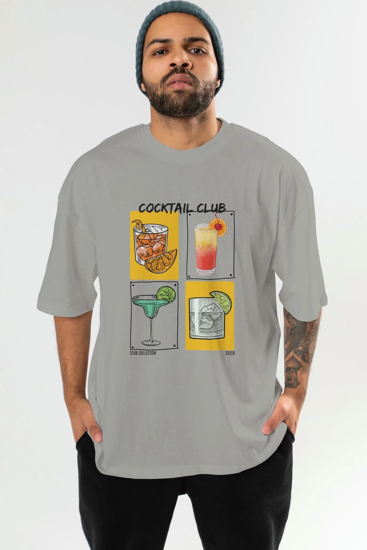 Cocktail Club ön Baskılı Oversize t-shirt Erkek Kadın %100 Pamuk Bisiklet Yaka tişort