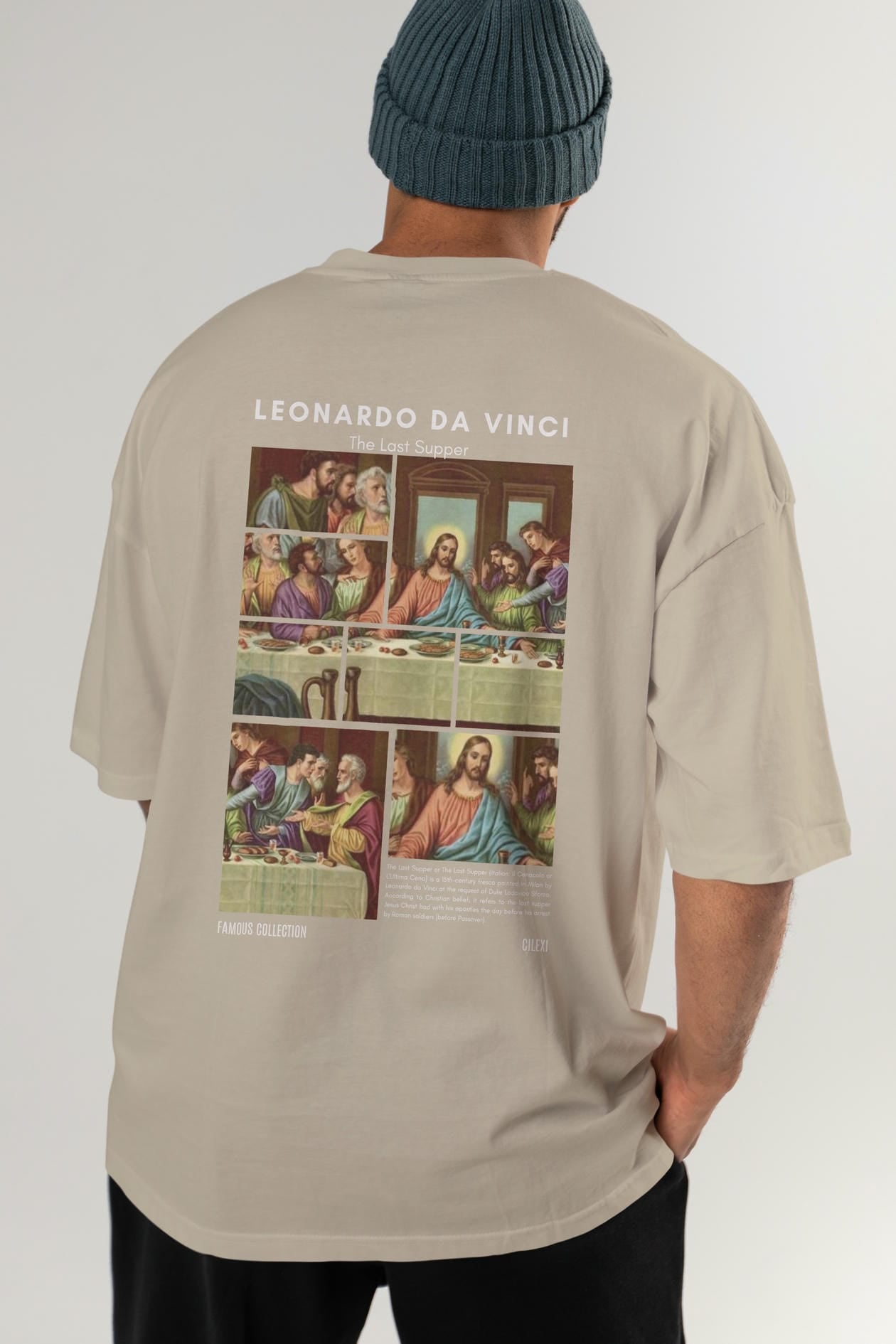 Leonardo Da Vinci Arka Baskılı Oversize t-shirt Erkek Kadın Bisiklet Yaka Pamuk tişort