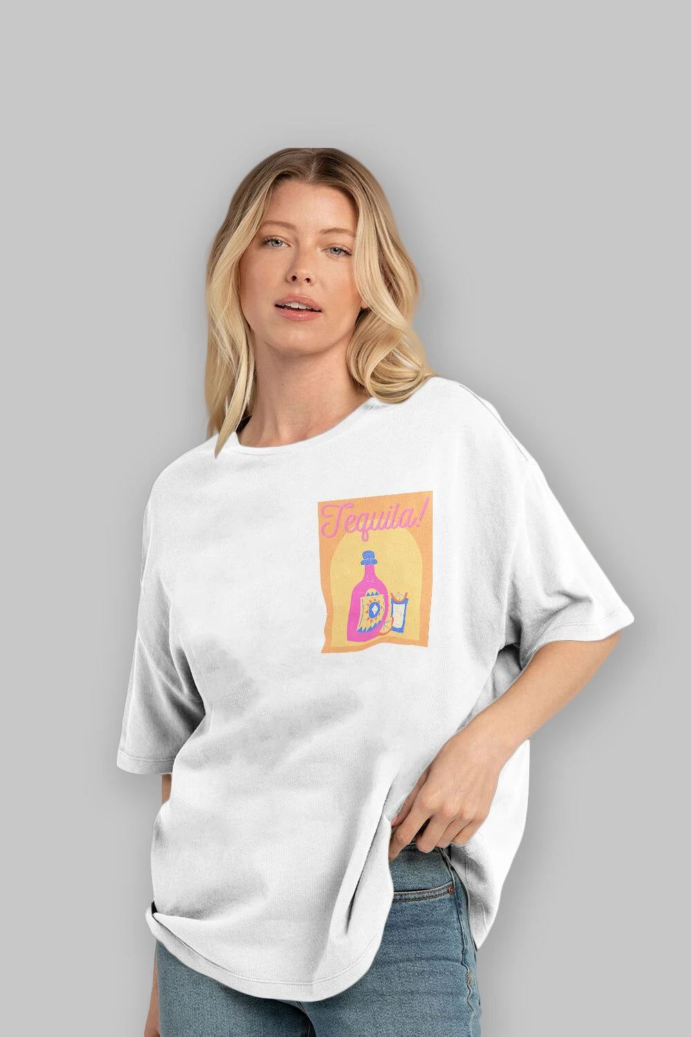 Tequila Ön Sol Baskılı Oversize t-shirt Erkek Kadın Unisex %100 Pamuk Bisiklet Yaka tişort