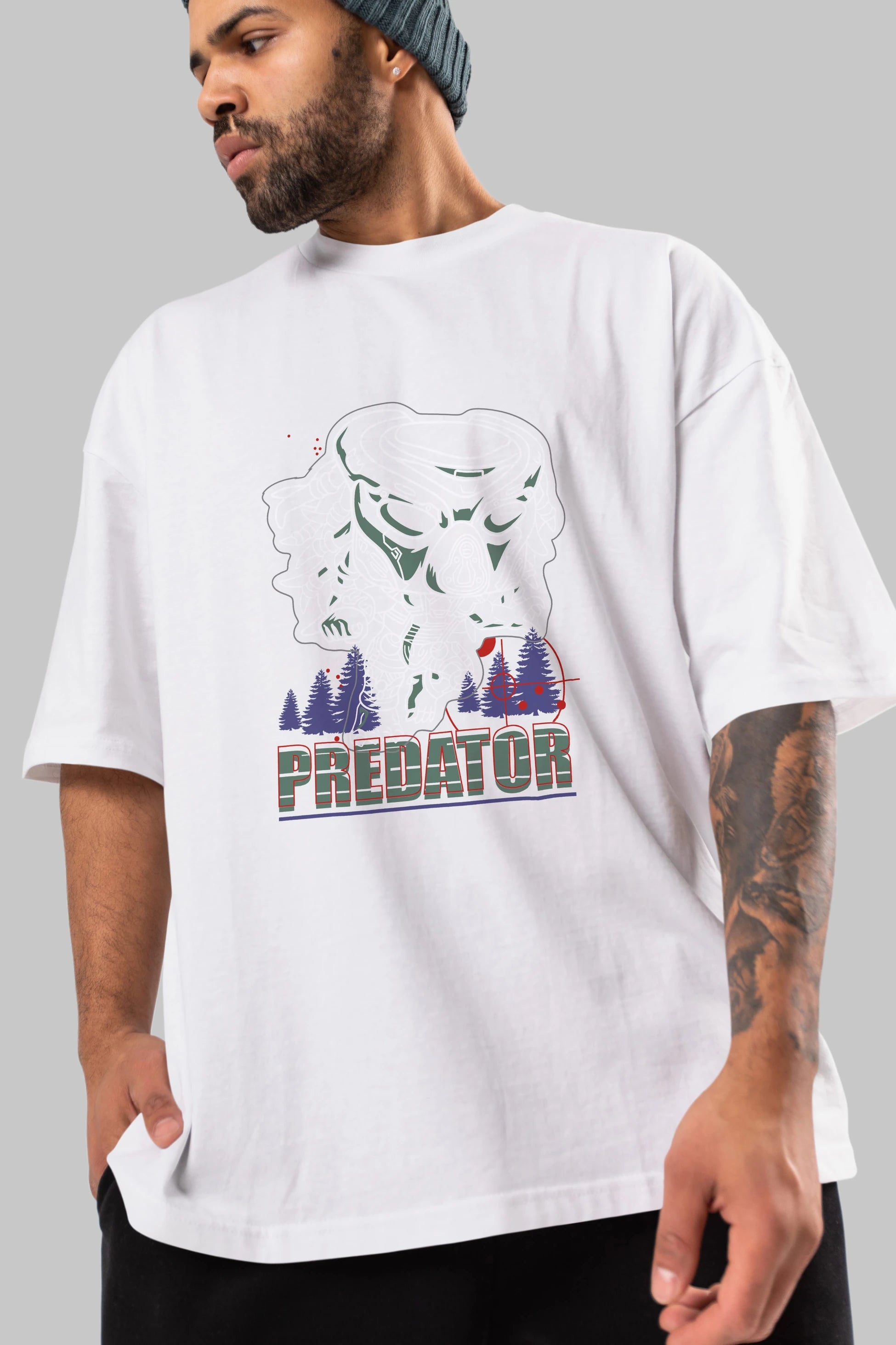 Predator Ön Baskılı Oversize t-shirt Erkek Kadın Unisex %100 Pamuk Bisiklet Yaka tişort