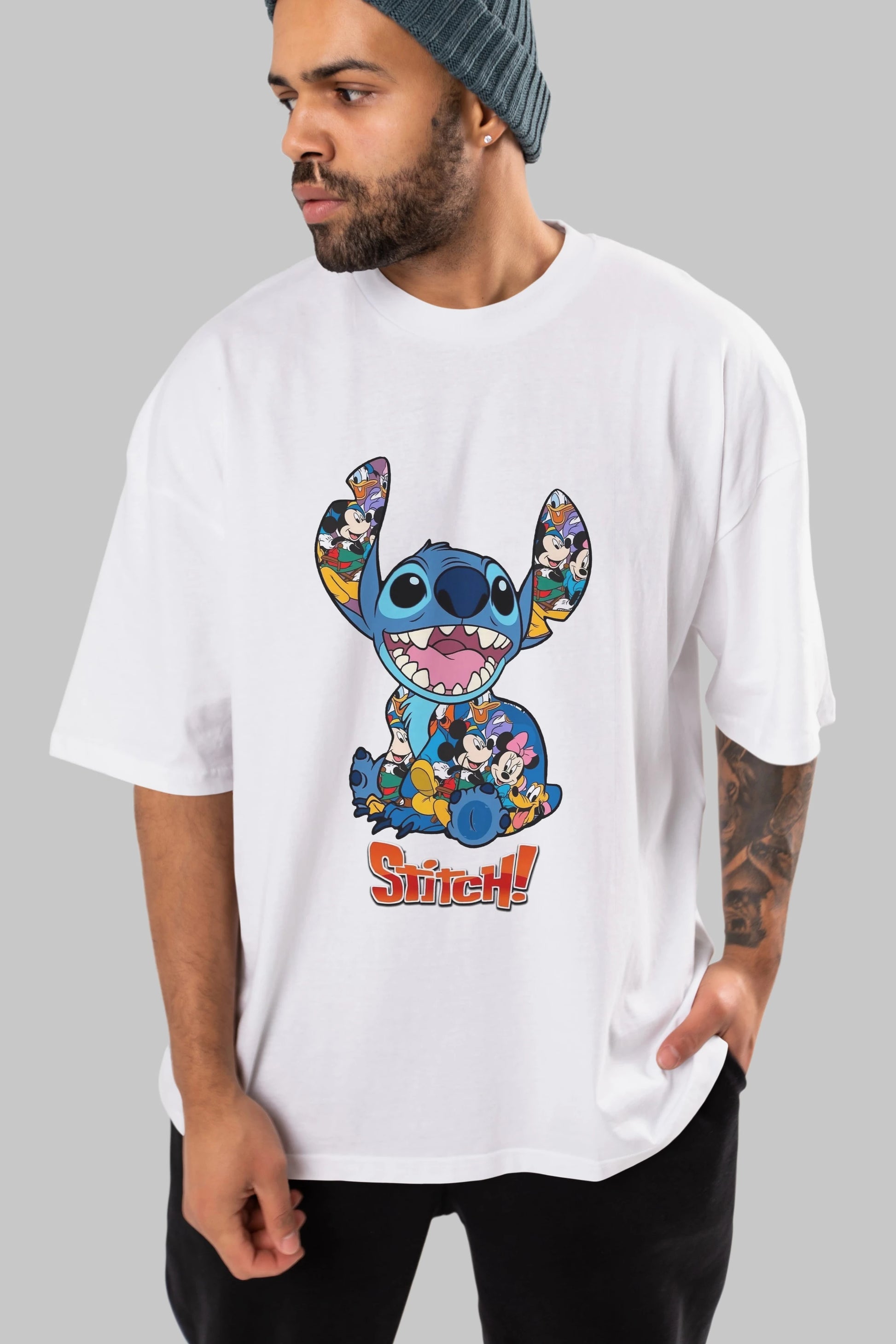 Stitch Ön Baskılı Oversize t-shirt Erkek Kadın Unisex %100 Pamuk Bisiklet Yaka tişort