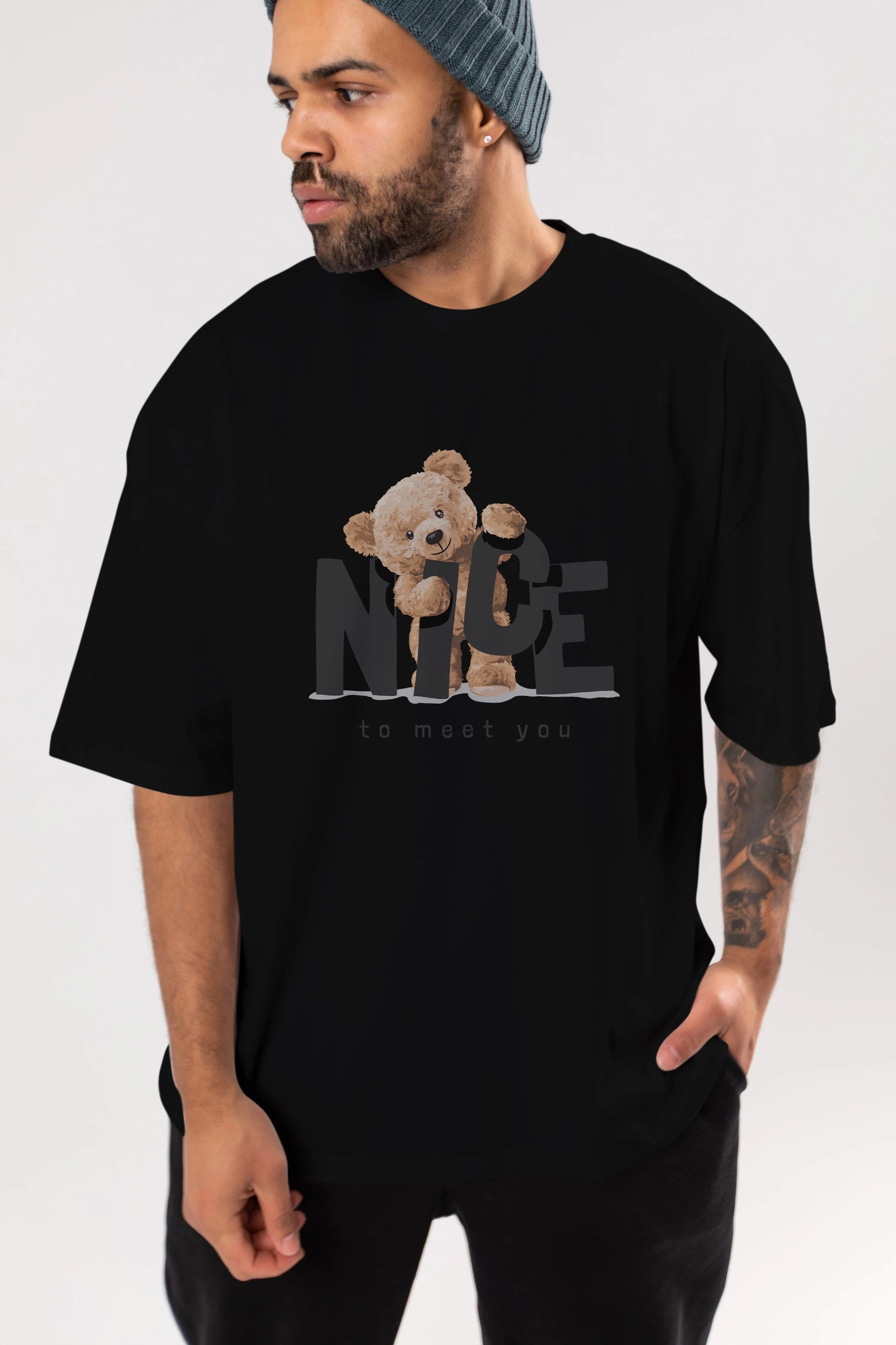 Teddy Nıce To Meet You Ön Baskılı Oversize t-shirt Erkek Kadın Unisex %100 Pamuk
