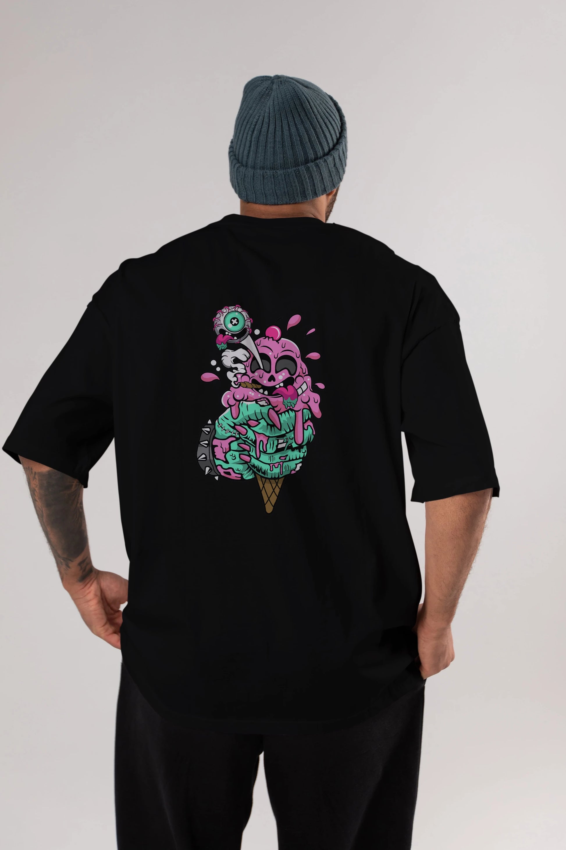 Ice Cream Zombie Arka Baskılı Oversize t-shirt Erkek Kadın Unisex %100 Pamuk tişort