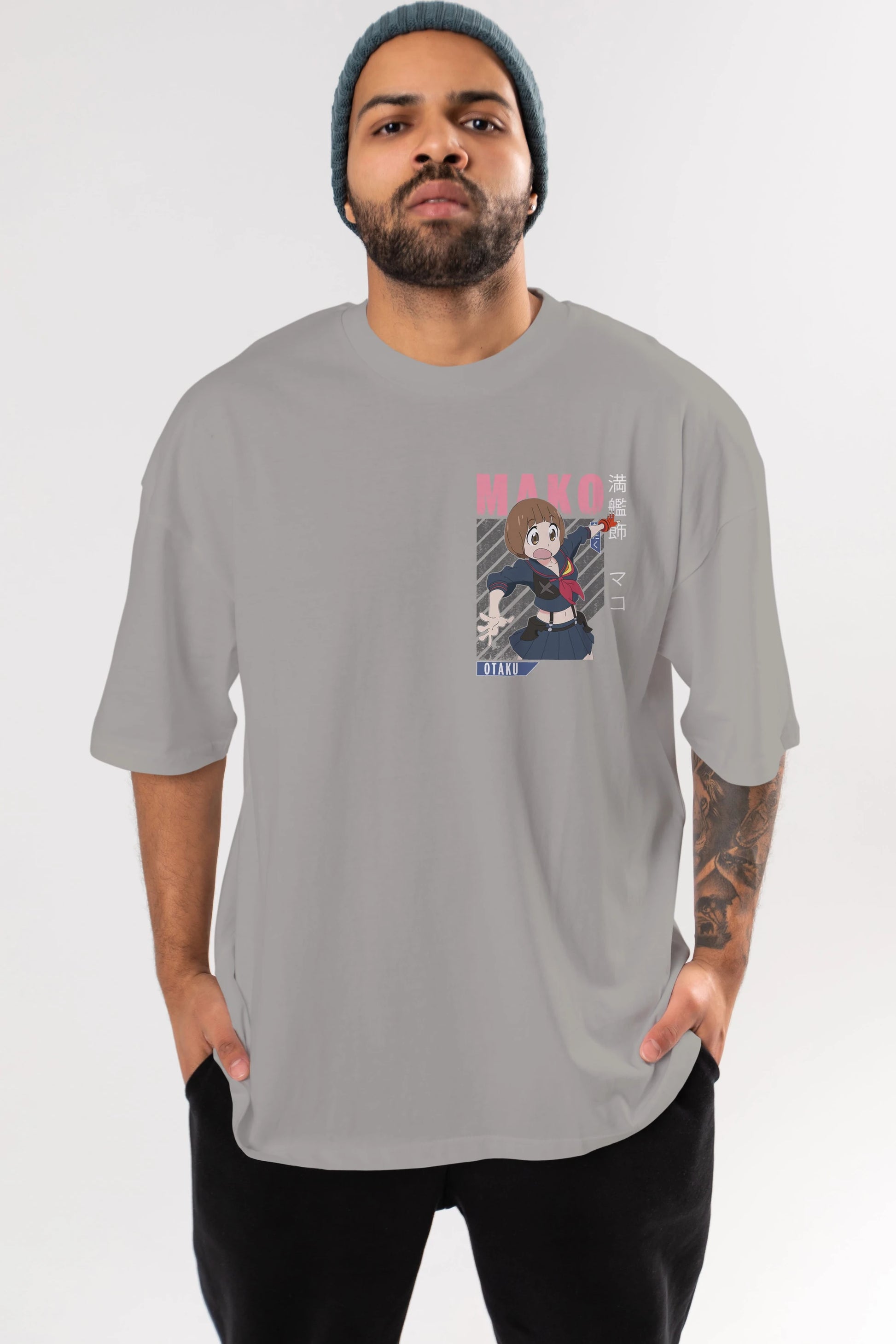 Mako Mankanshoku 2 Ön Sol Baskılı Oversize t-shirt Erkek Kadın Unisex %100 Pamuk Bisiklet Yaka tişort