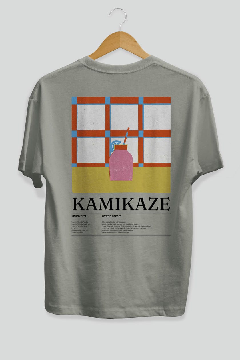Kamikaze Kokteyl Serisi Arka Baskılı Oversize t-shirt Erkek Kadın %100 Pamuk Bisiklet Yaka tişort