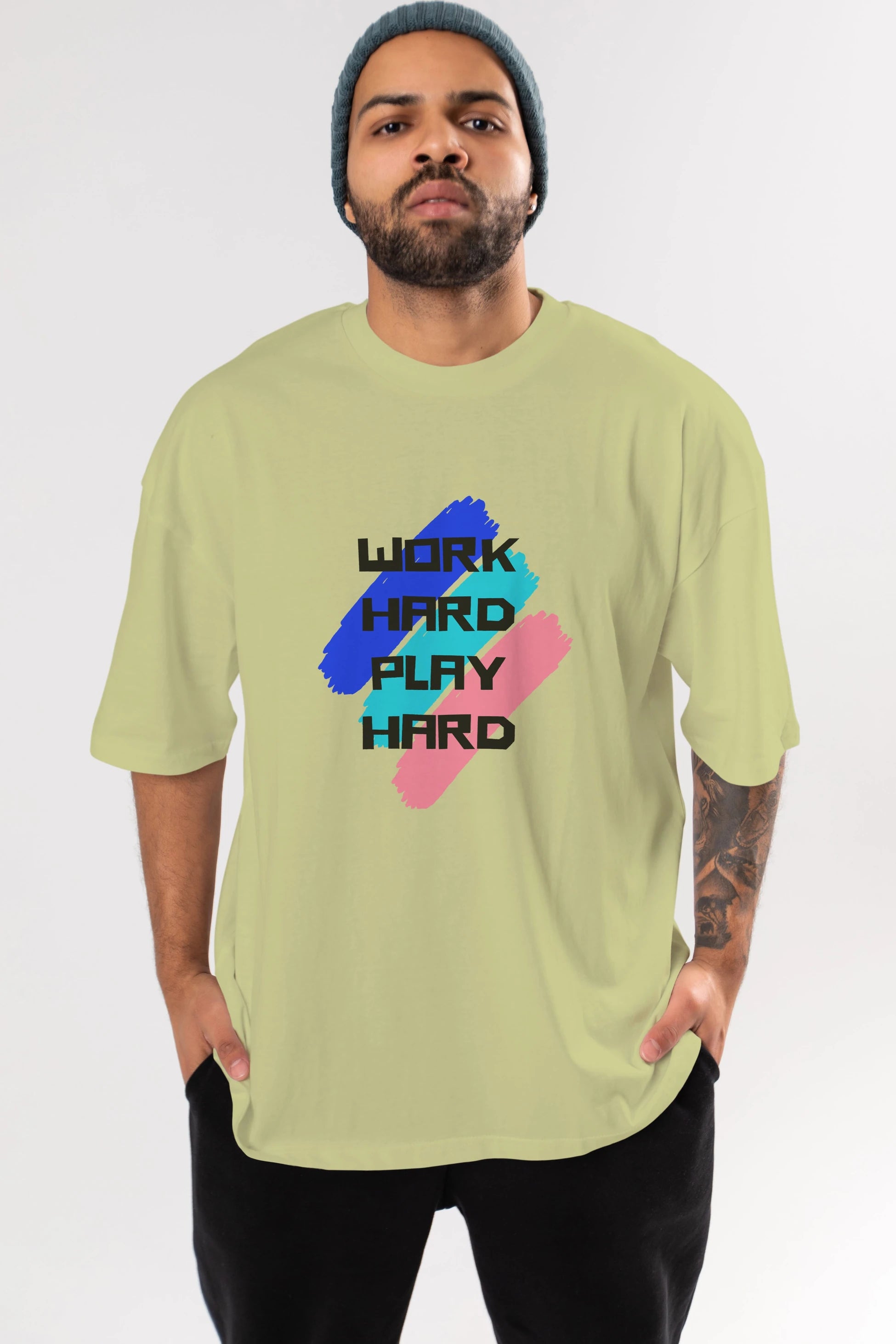 Work Hard Play Hard 2 Ön Baskılı Oversize t-shirt Erkek Kadın Unisex