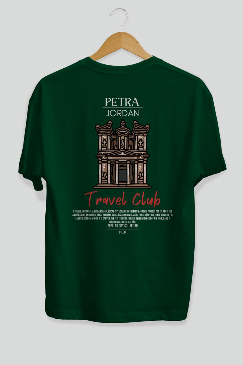 Petra Jordan Arka Baskılı Oversize t-shirt Erkek Kadın Pamuk Bisiklet Yaka tişort