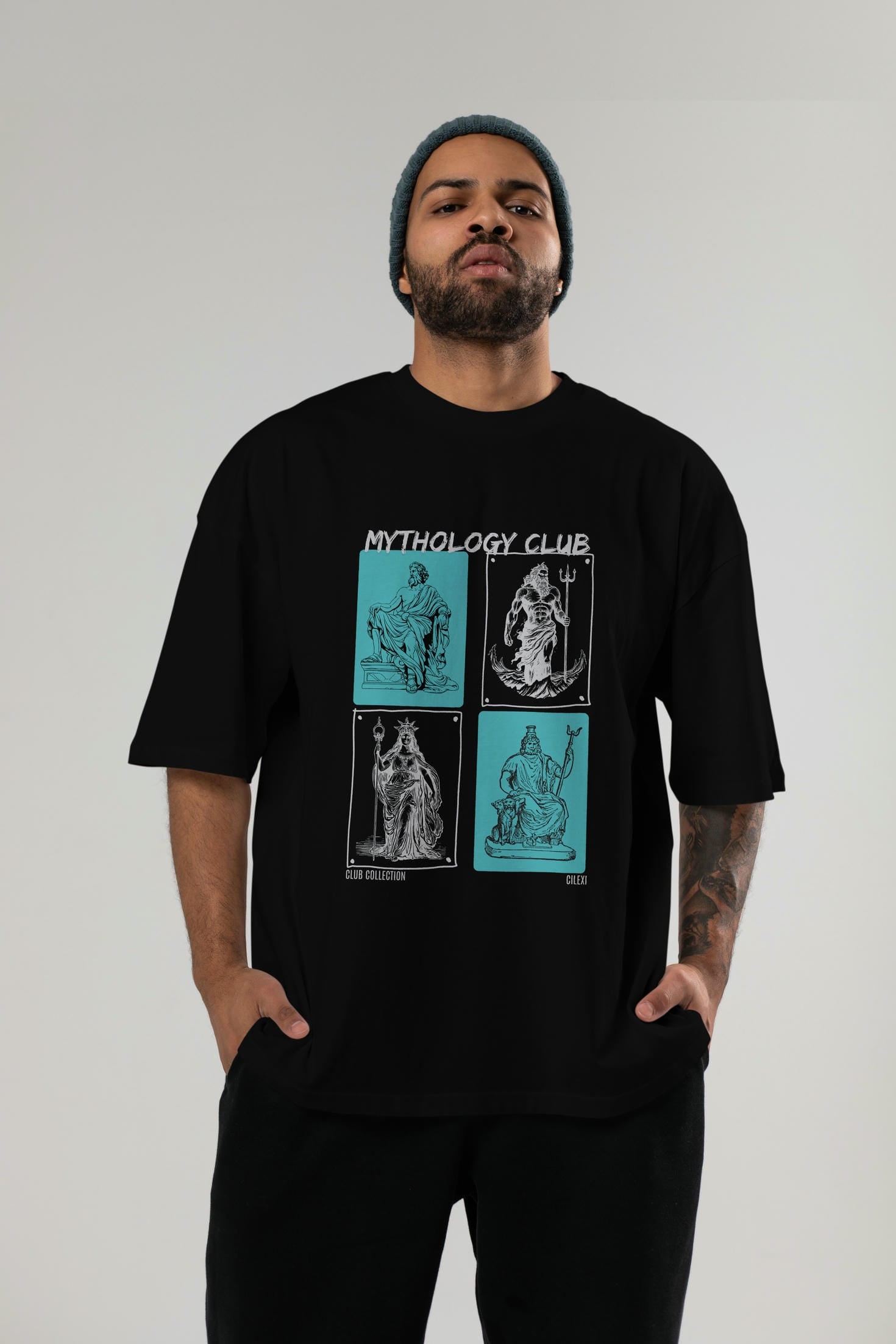 Mythology Club ön Baskılı Oversize t-shirt Erkek Kadın %100 Pamuk Bisiklet Yaka tişort