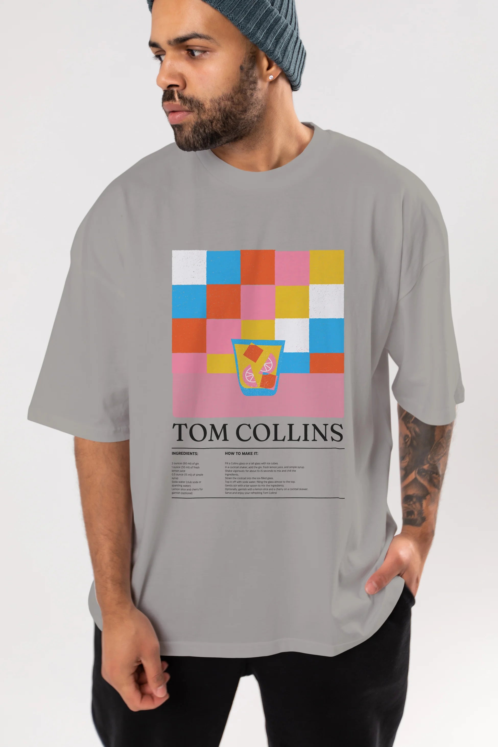Tom Collins Kokteyl Ön Baskılı Oversize t-shirt Erkek Kadın %100 Pamuk Bisiklet Yaka tişort